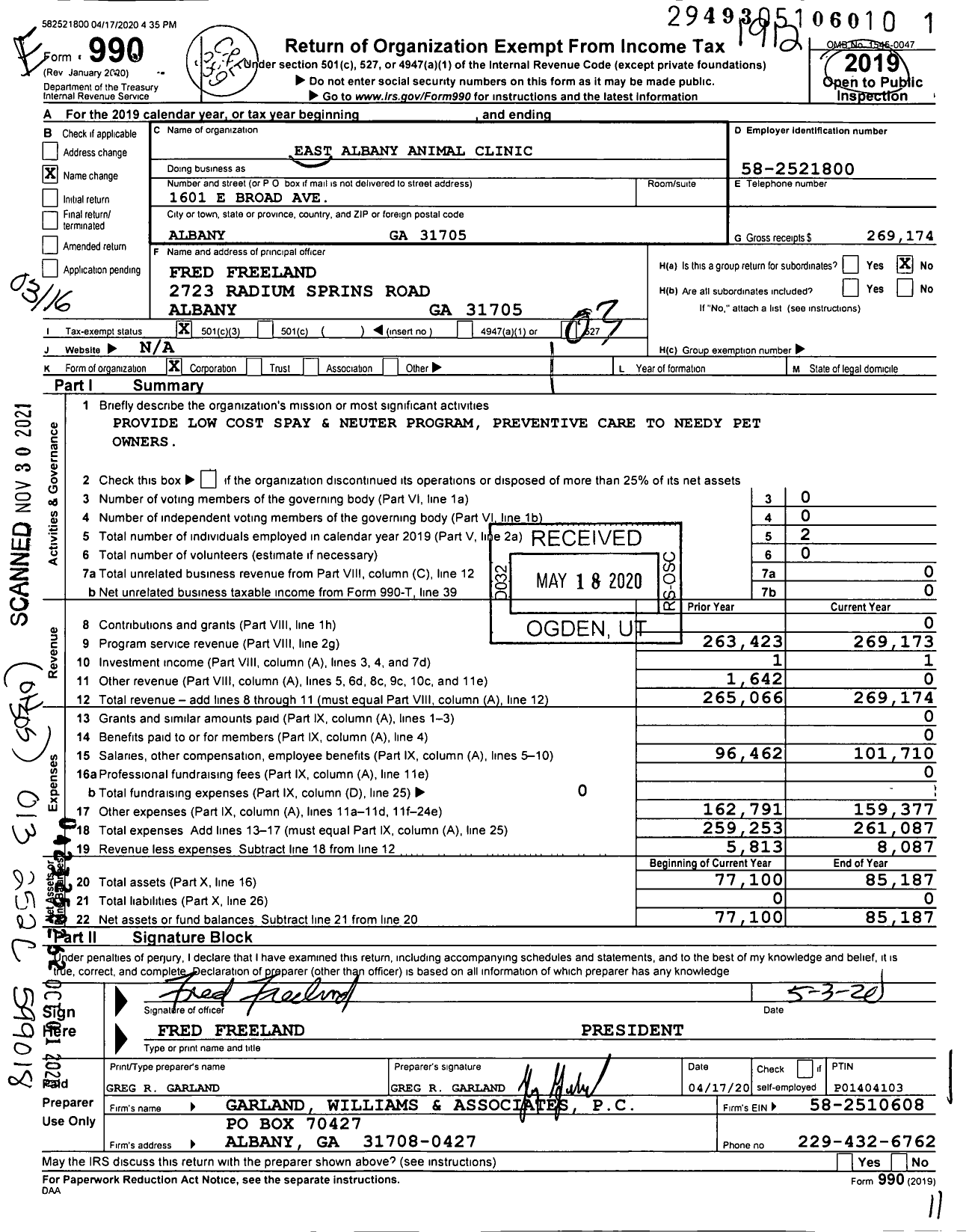Image of first page of 2019 Form 990 for East Albany Animal Clinic