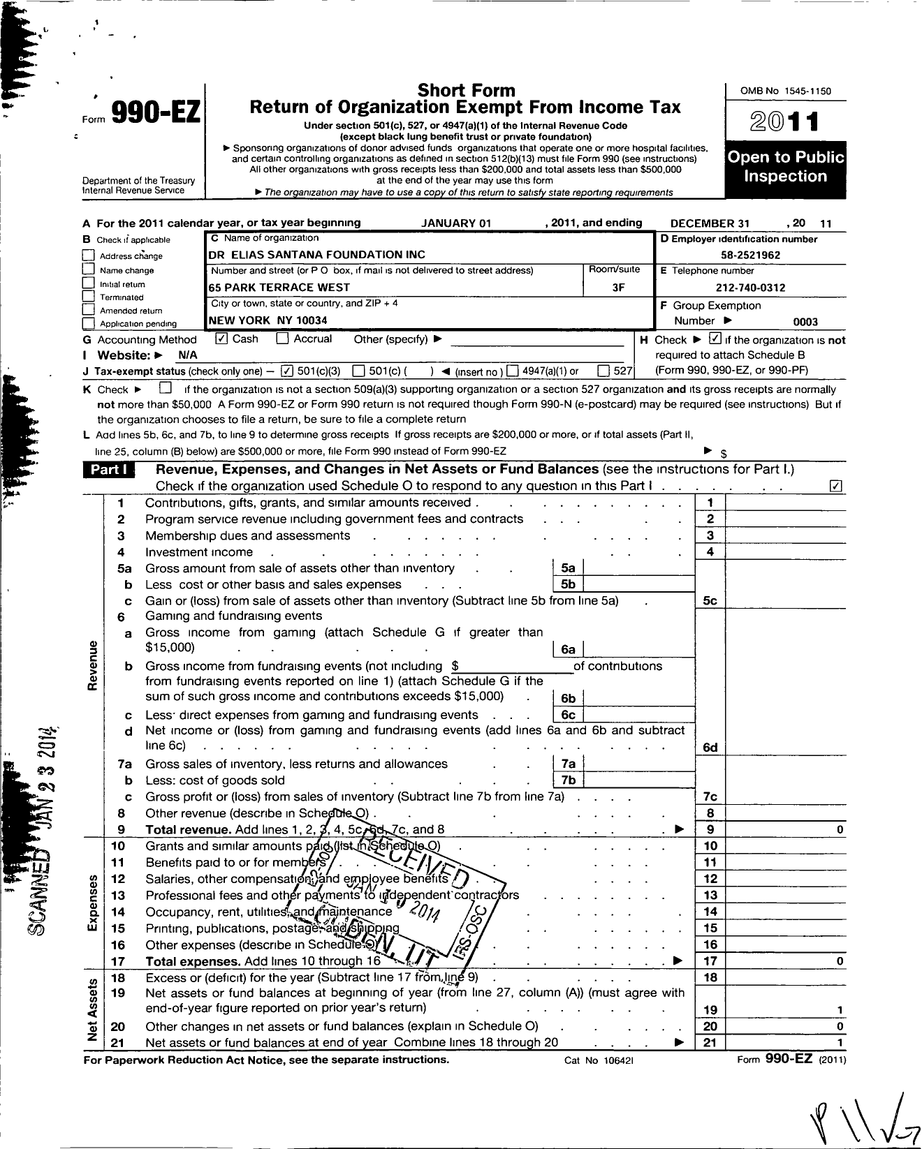 Image of first page of 2011 Form 990EZ for Dr Elias Santana Foundation