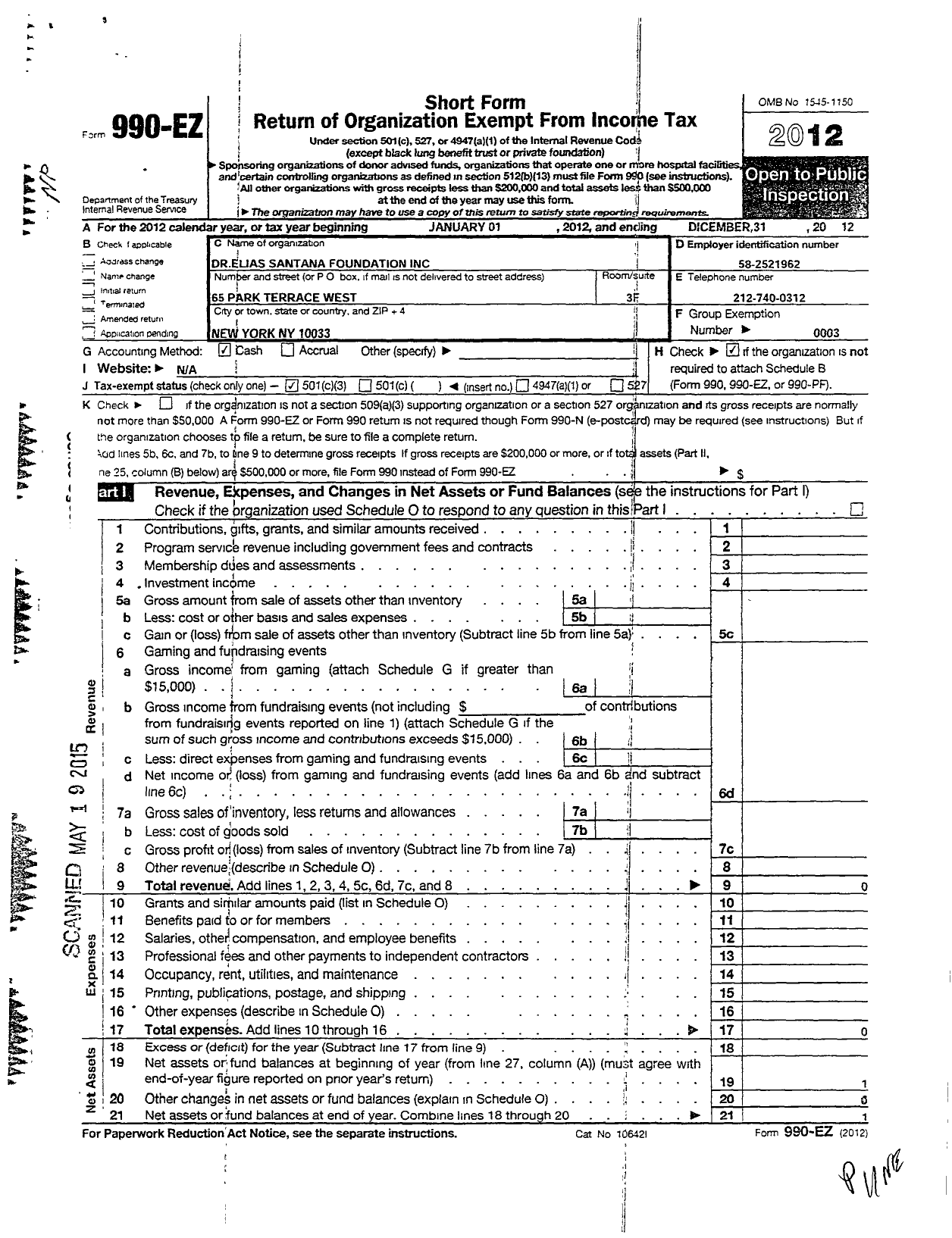 Image of first page of 2012 Form 990EZ for Dr Elias Santana Foundation