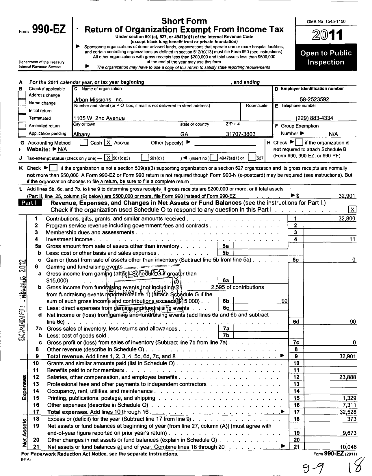 Image of first page of 2011 Form 990EZ for Urban Missions