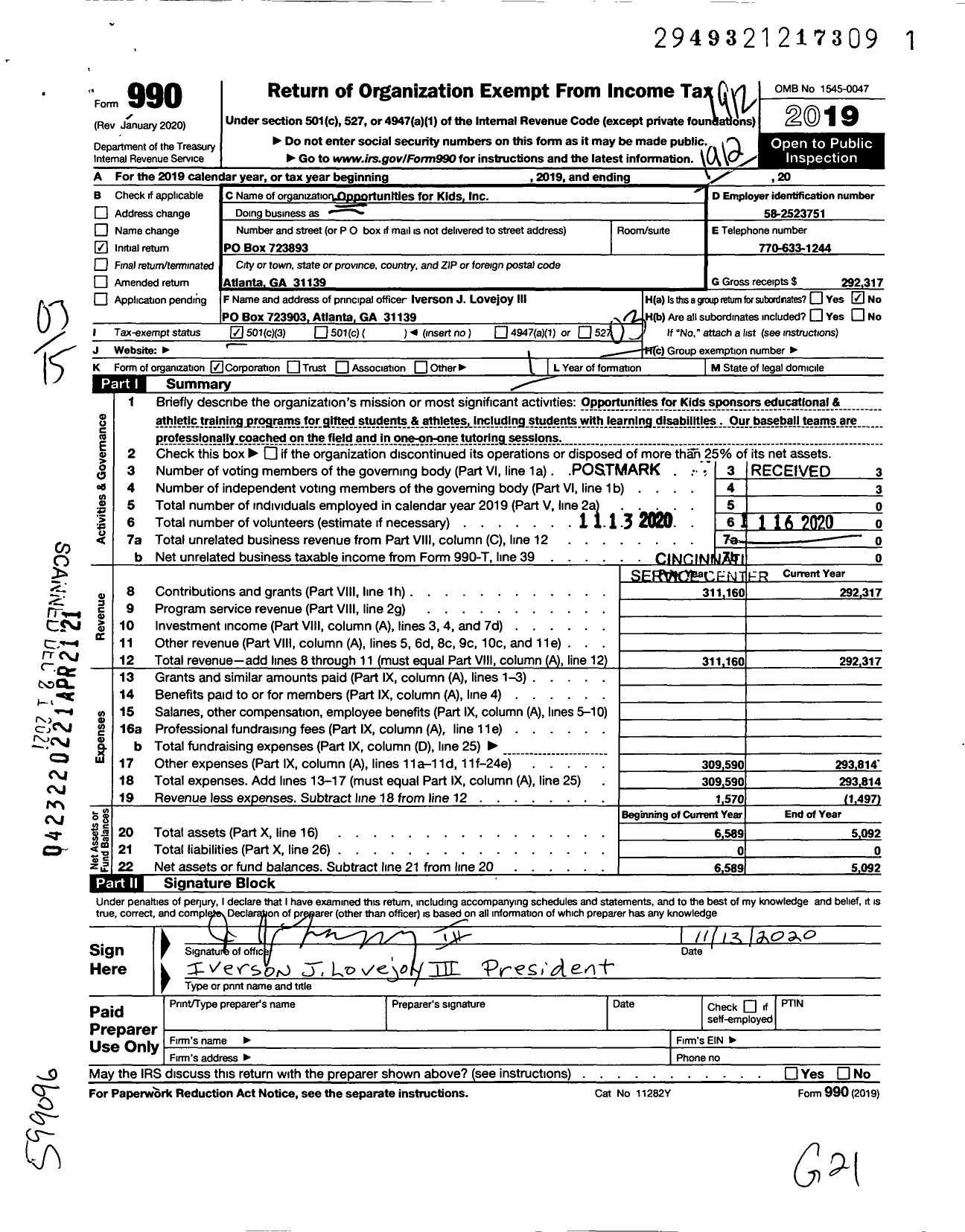 Image of first page of 2019 Form 990 for Opportunities for Kids