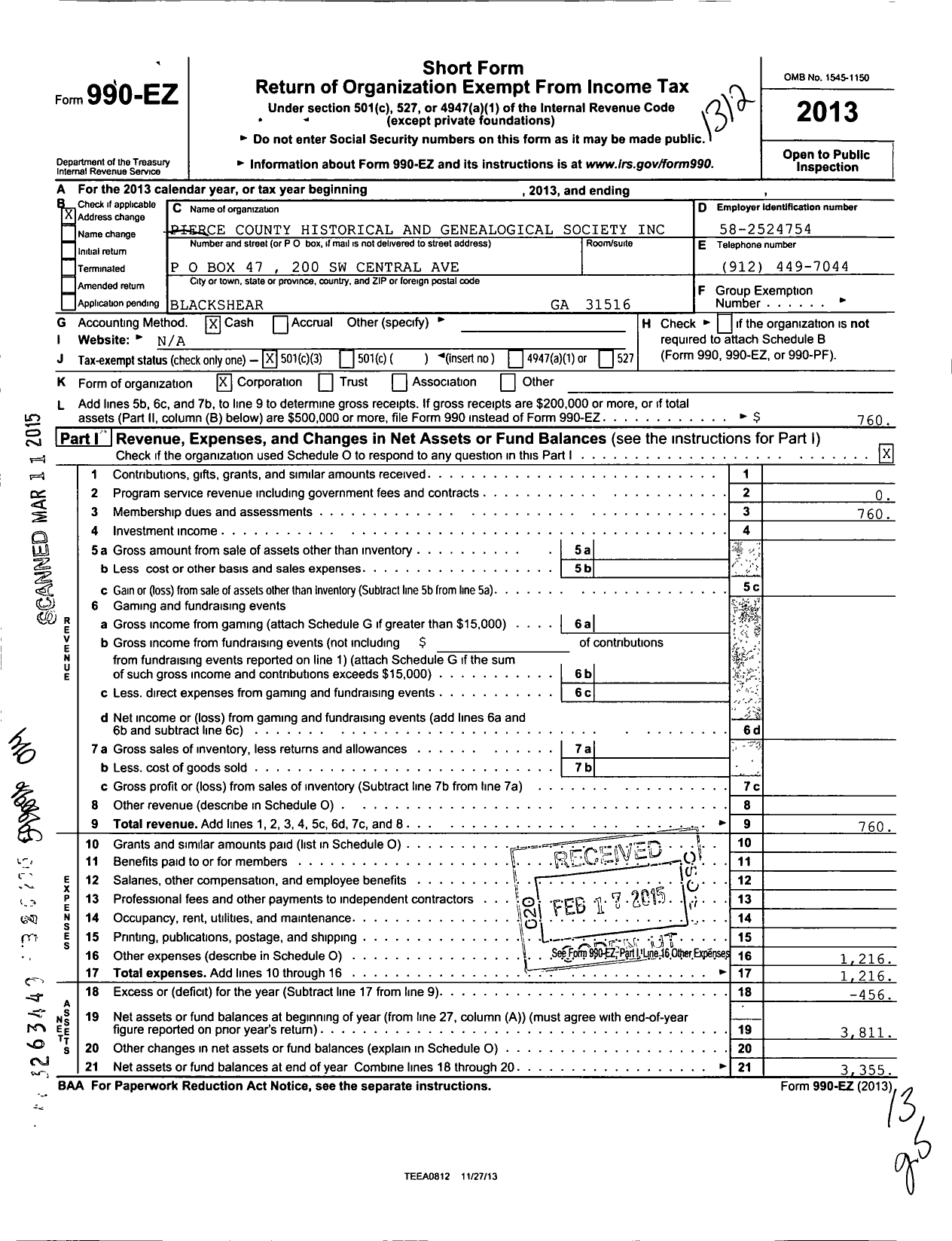 Image of first page of 2013 Form 990EZ for Pierce County Historical and Genealogical Society