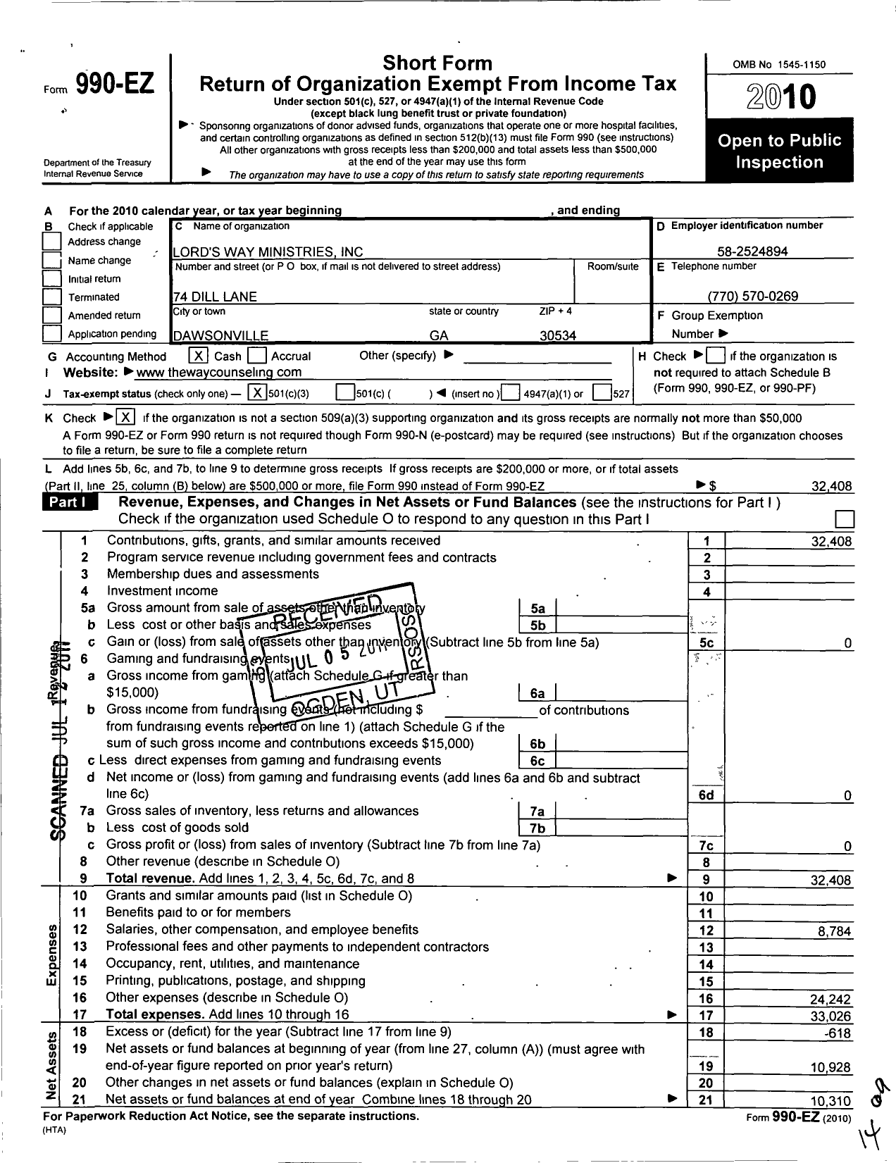 Image of first page of 2010 Form 990EZ for Lord's Way Ministries