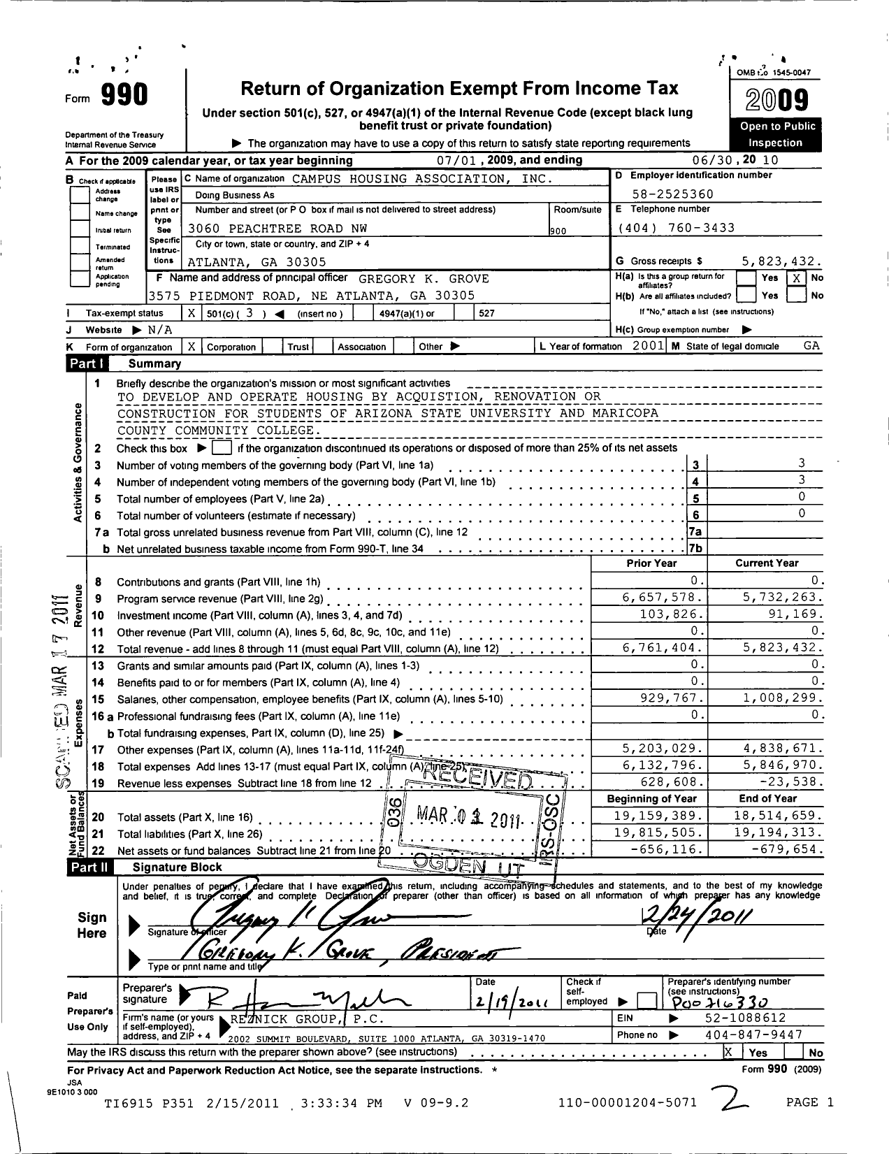 Image of first page of 2009 Form 990 for Campus Housing Association