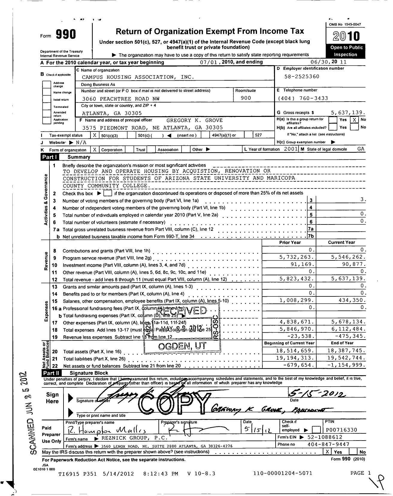 Image of first page of 2010 Form 990 for Campus Housing Association
