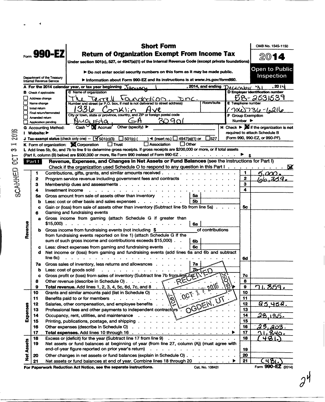 Image of first page of 2014 Form 990EZ for Terrell Foundation