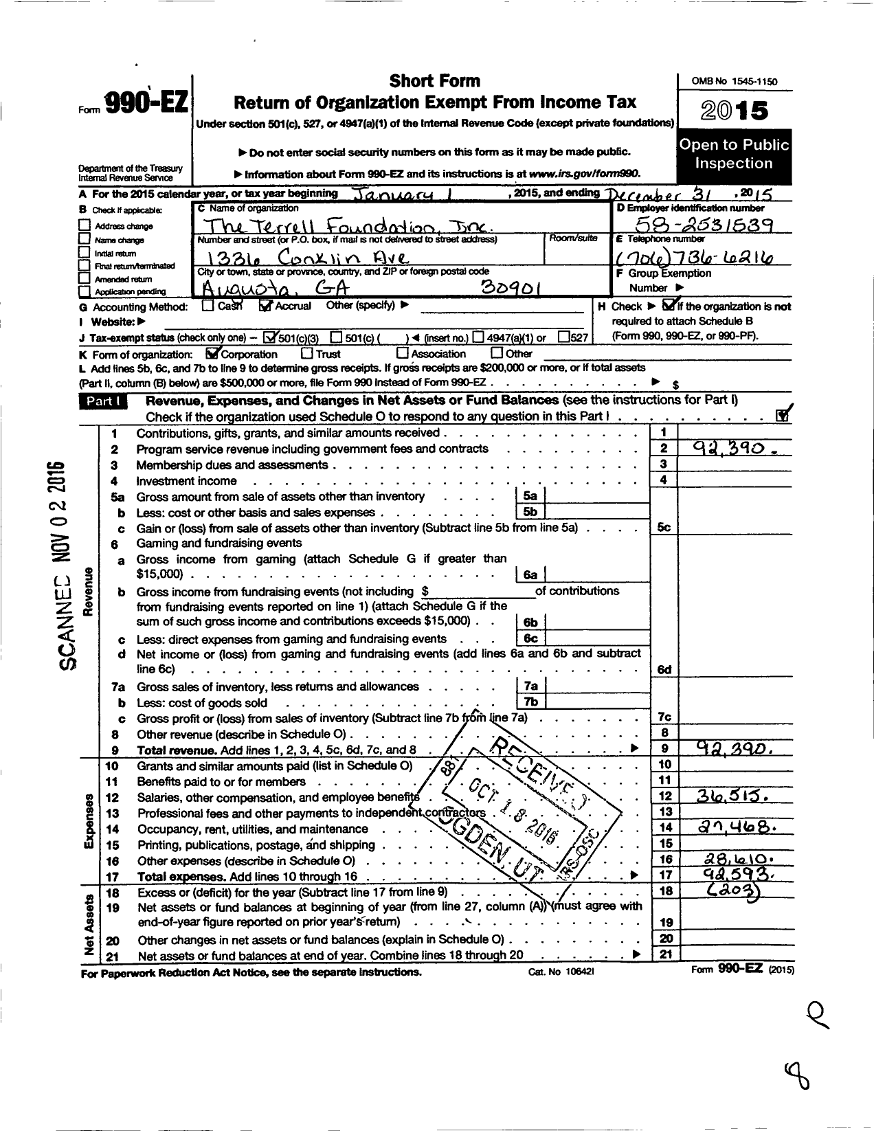 Image of first page of 2015 Form 990EZ for Terrell Foundation