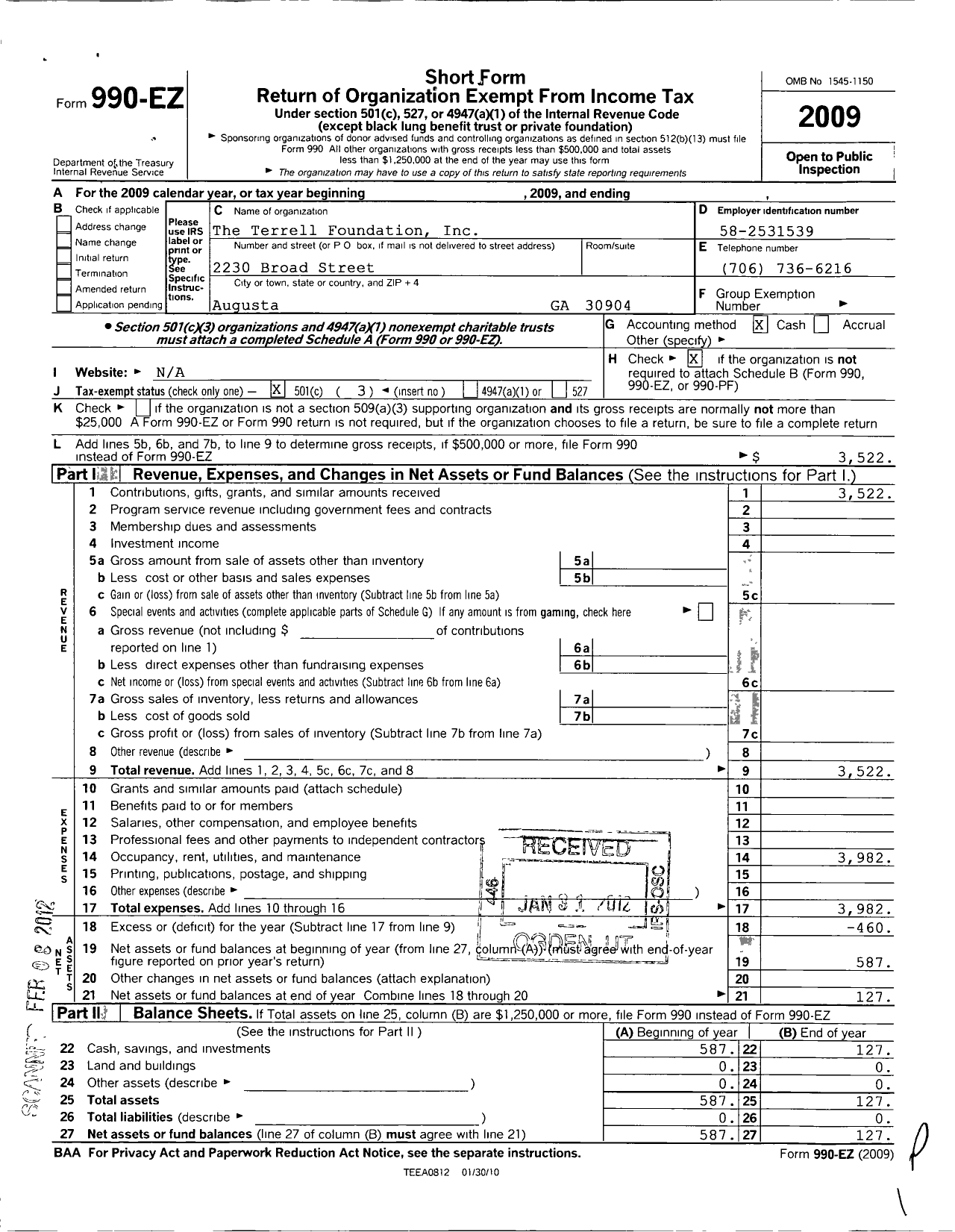 Image of first page of 2009 Form 990EZ for Terrell Foundation