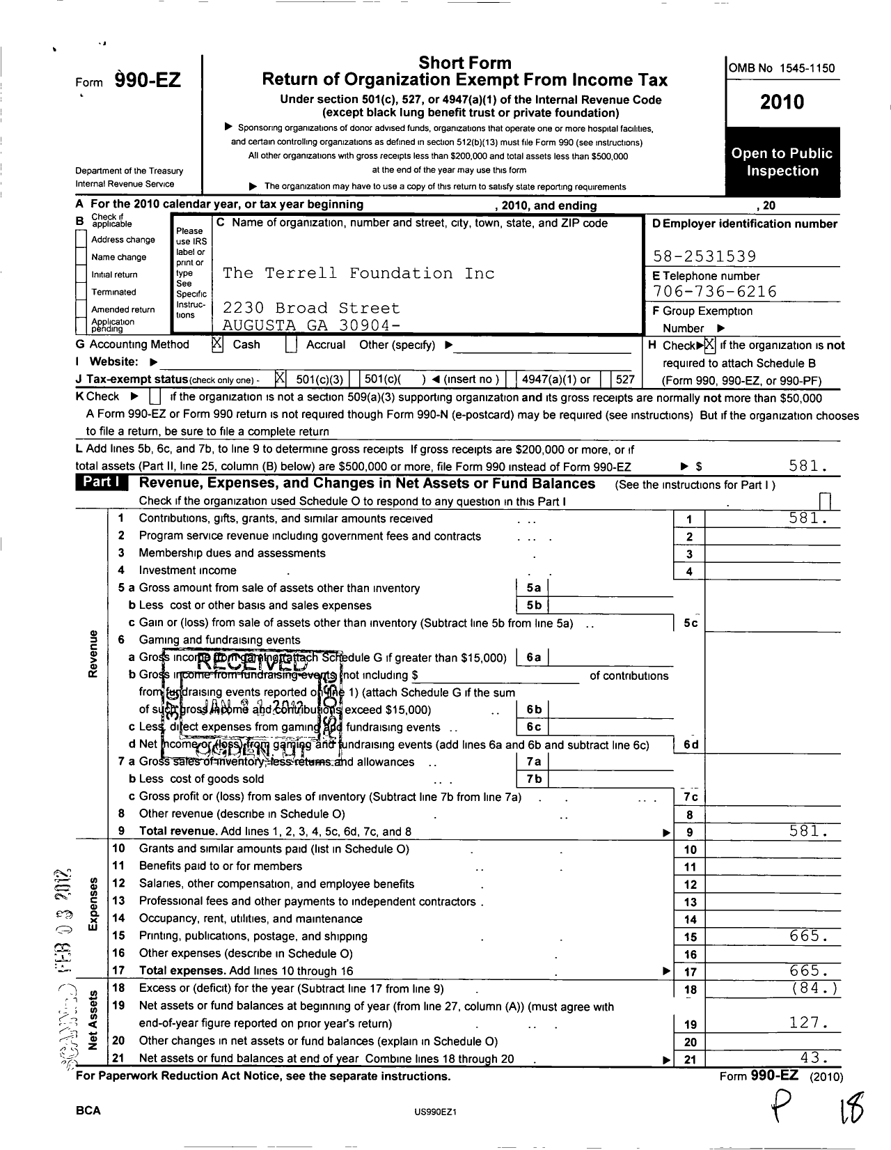 Image of first page of 2010 Form 990EZ for Terrell Foundation