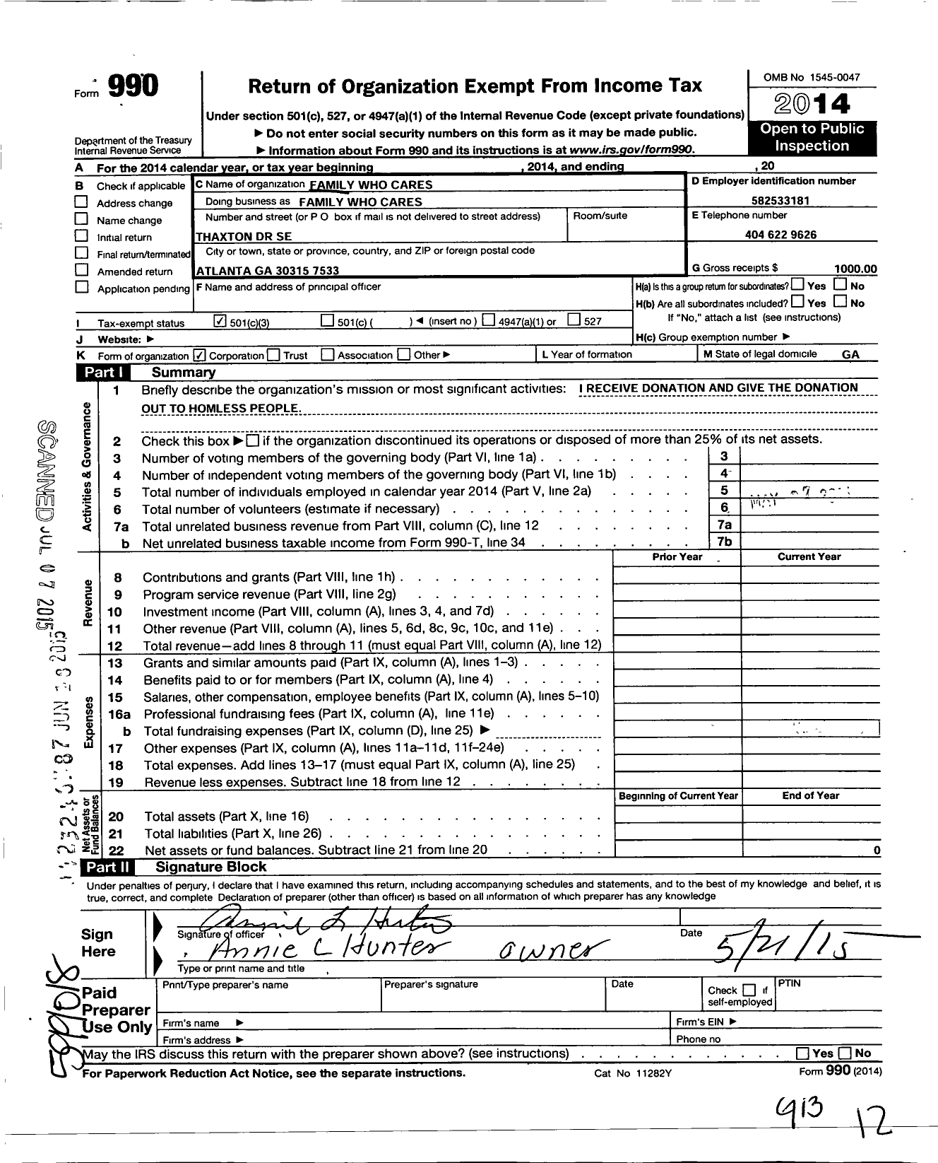 Image of first page of 2014 Form 990 for Family Who Cares