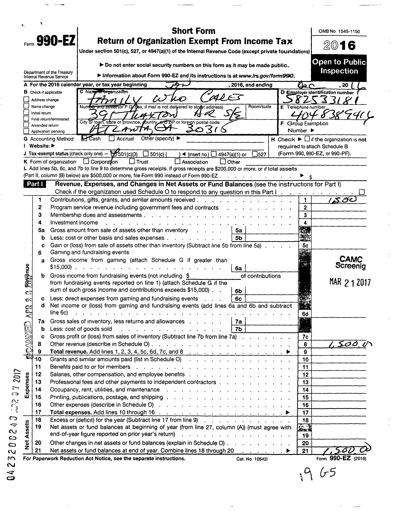 Image of first page of 2016 Form 990EZ for Family Who Cares