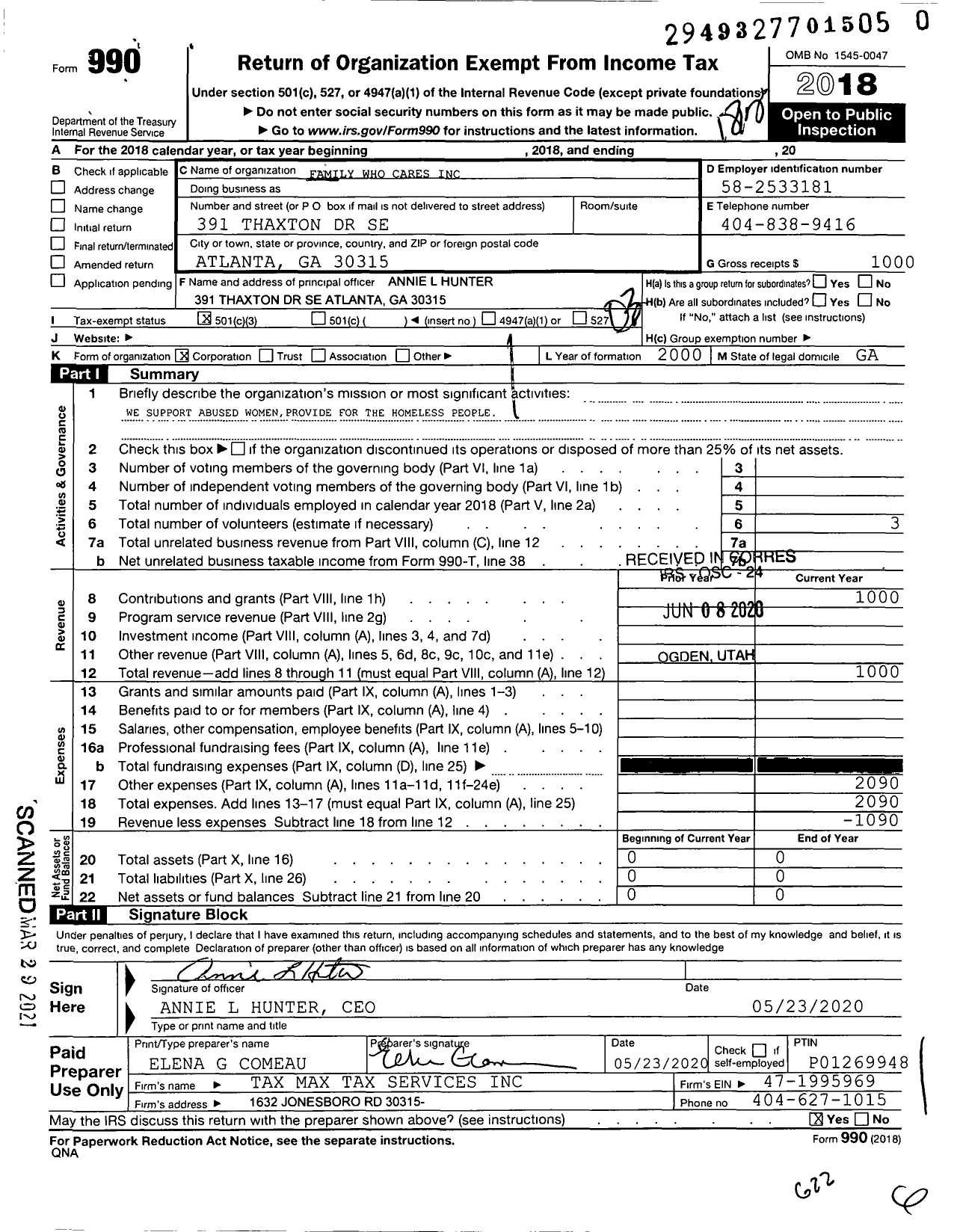 Image of first page of 2018 Form 990 for Family Who Cares