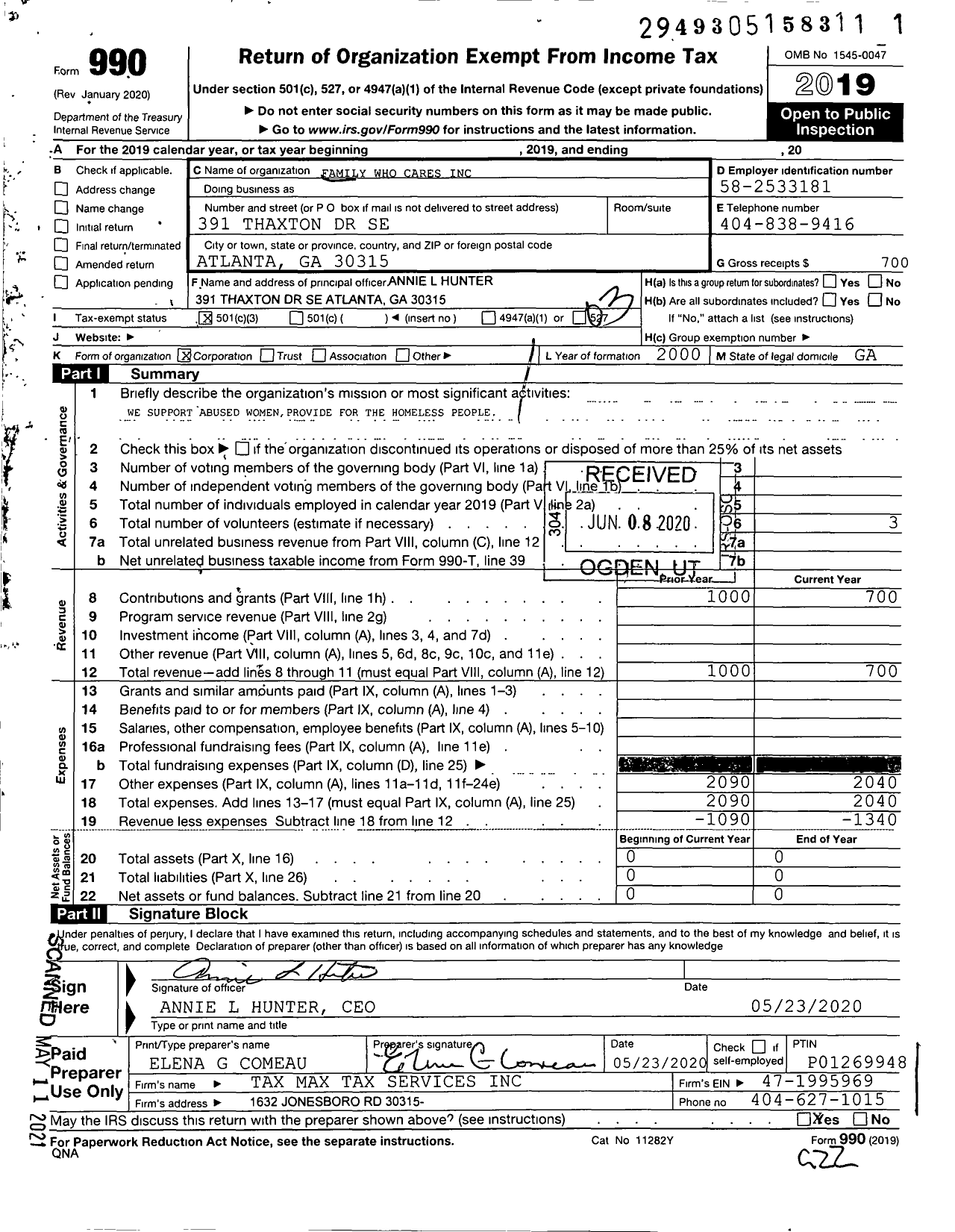 Image of first page of 2019 Form 990 for Family Who Cares