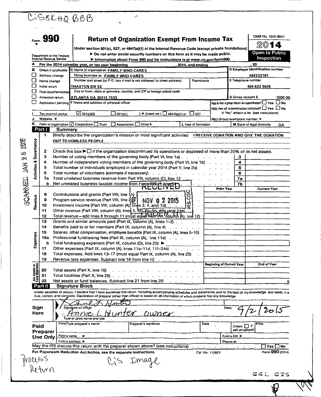 Image of first page of 2014 Form 990 for Family Who Cares