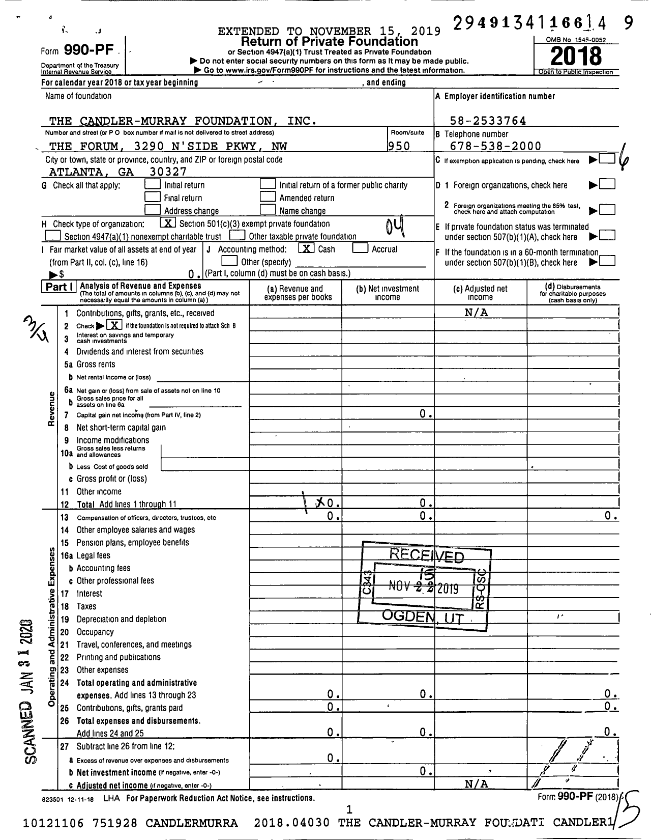 Image of first page of 2018 Form 990EZ for The Candler-Murray Foundation