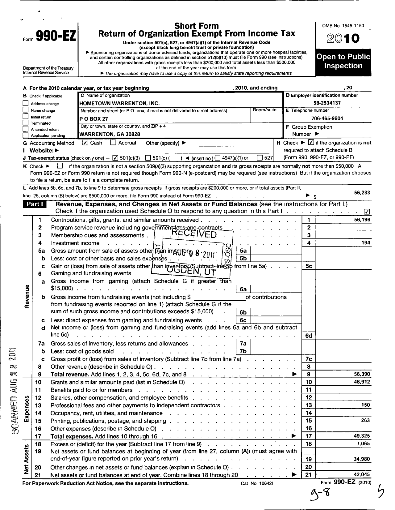 Image of first page of 2010 Form 990EZ for Hometown Warrenton