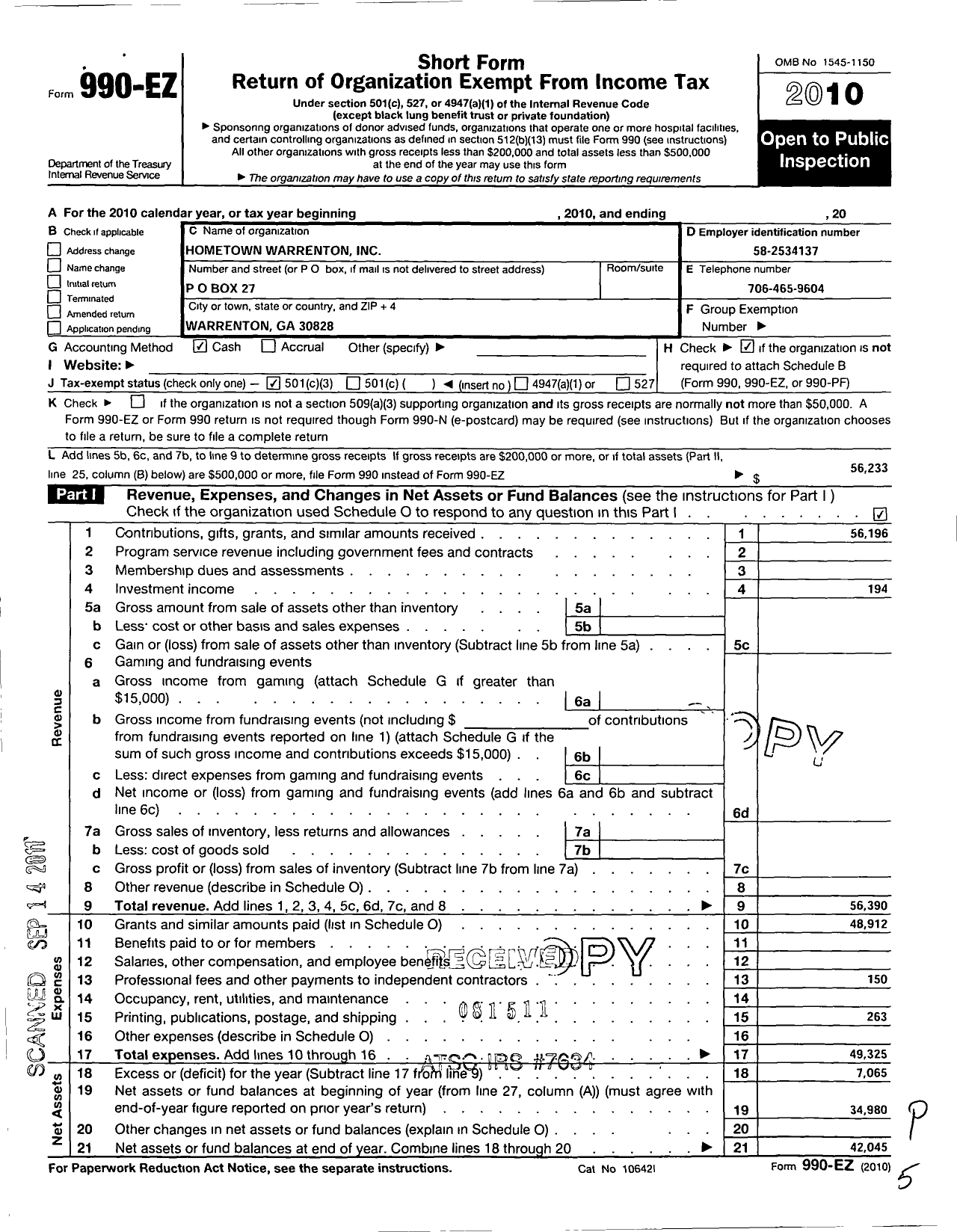 Image of first page of 2010 Form 990EZ for Hometown Warrenton