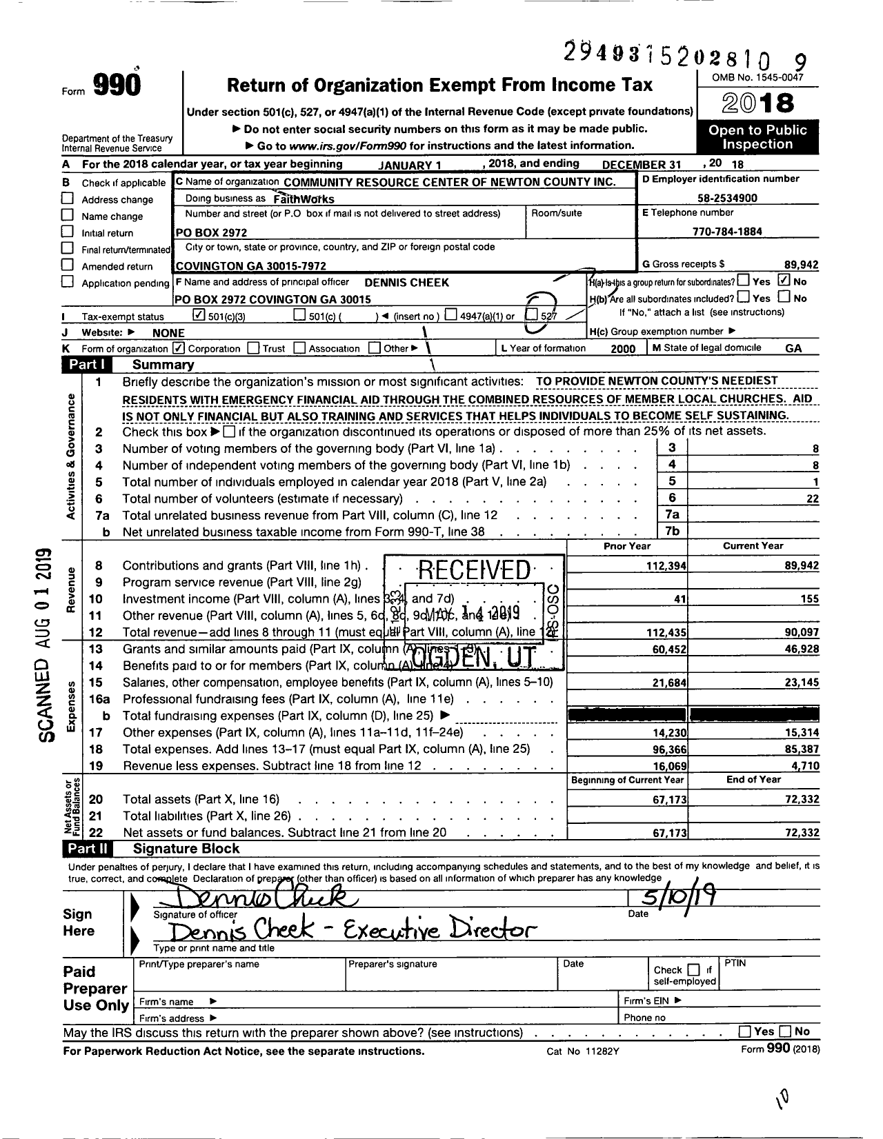 Image of first page of 2018 Form 990 for Community Resource Center of Newton County
