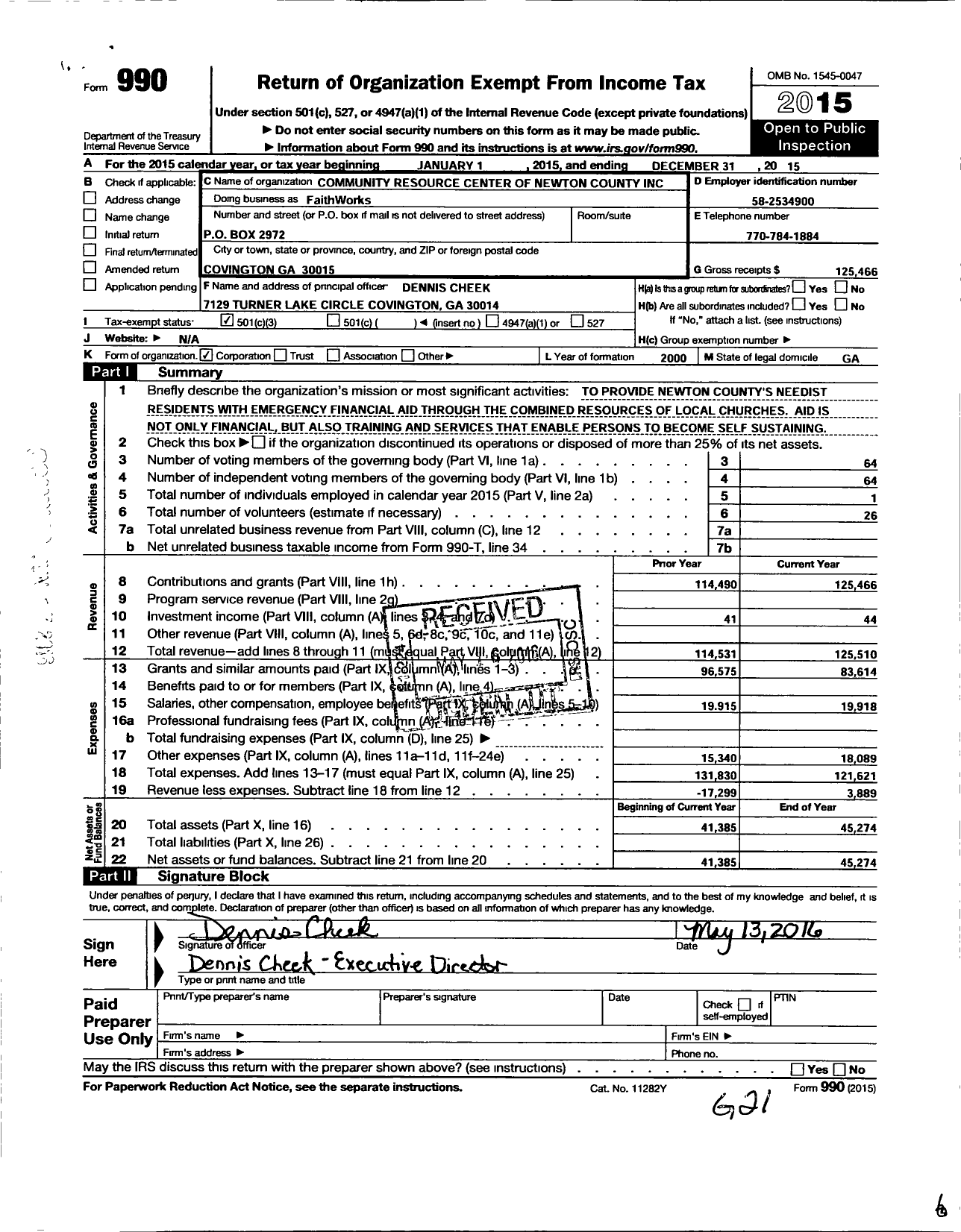 Image of first page of 2015 Form 990 for Community Resource Center of Newton County