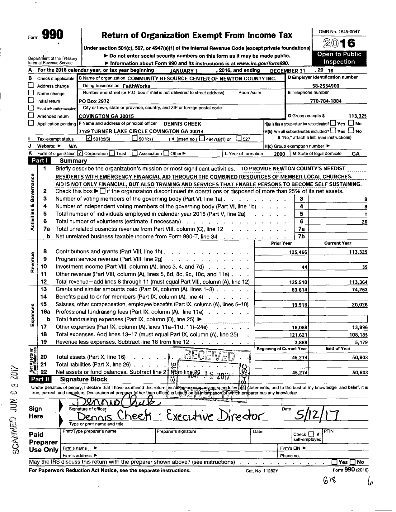 Image of first page of 2016 Form 990 for Community Resource Center of Newton County