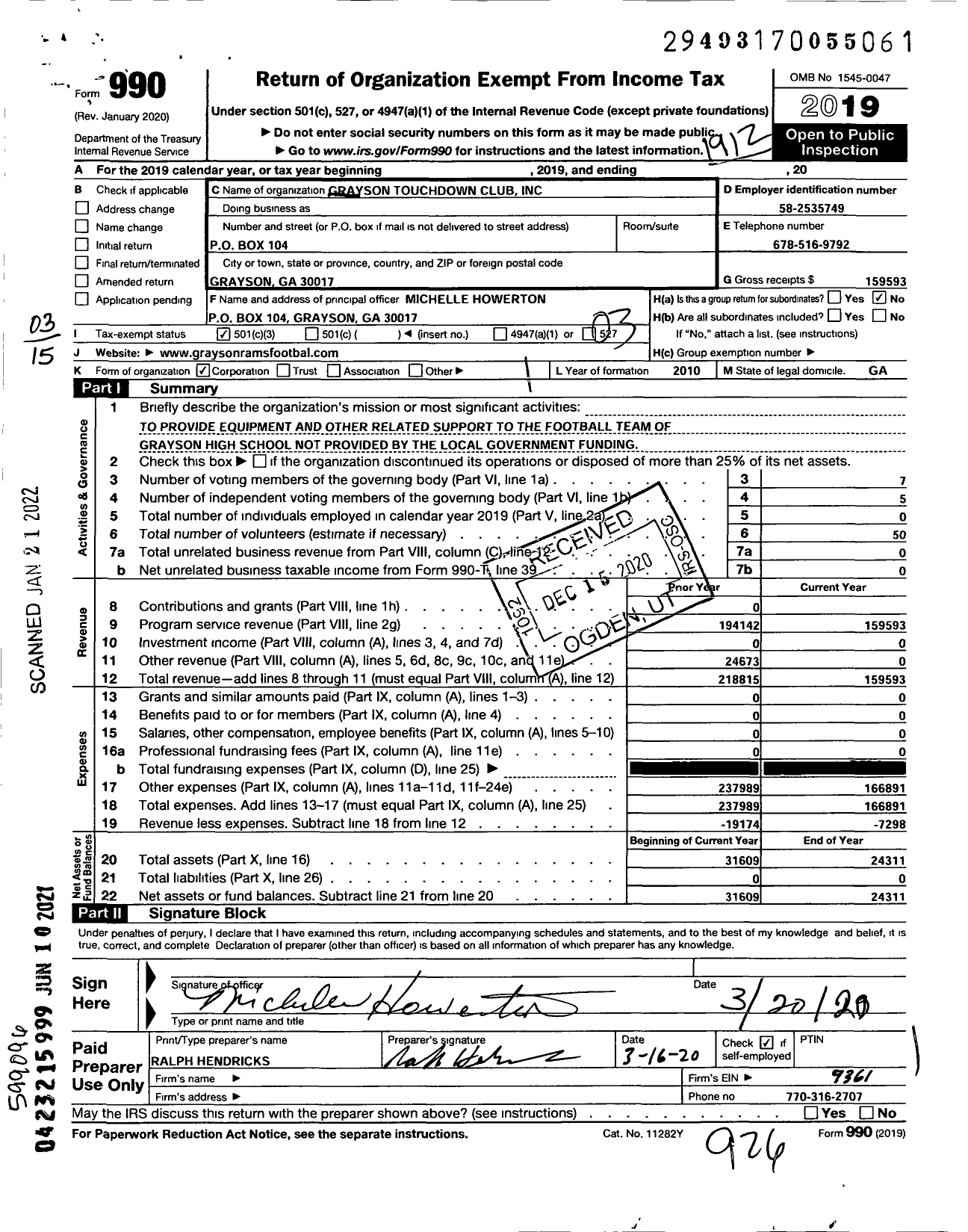 Image of first page of 2019 Form 990 for Grayson Touchdown Club