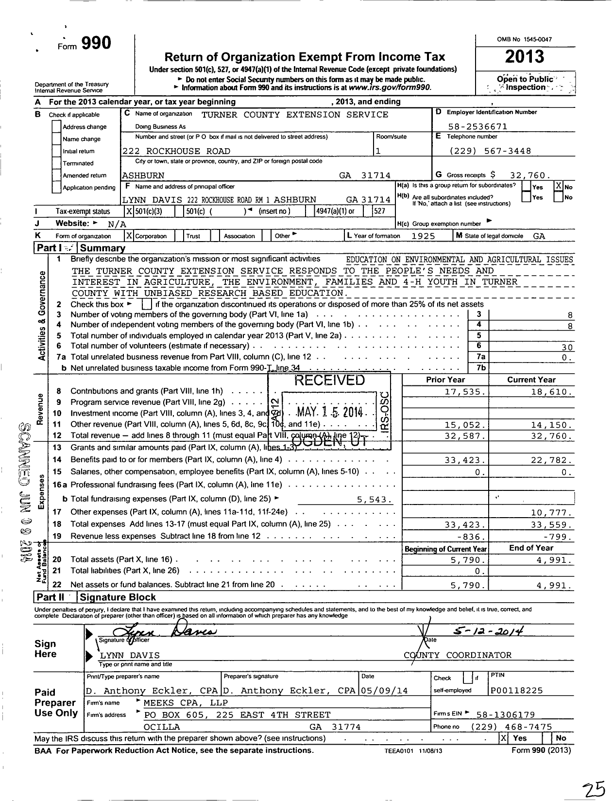 Image of first page of 2013 Form 990 for Georgia Extension 4-H Foundation / Turner County Extension 4-H