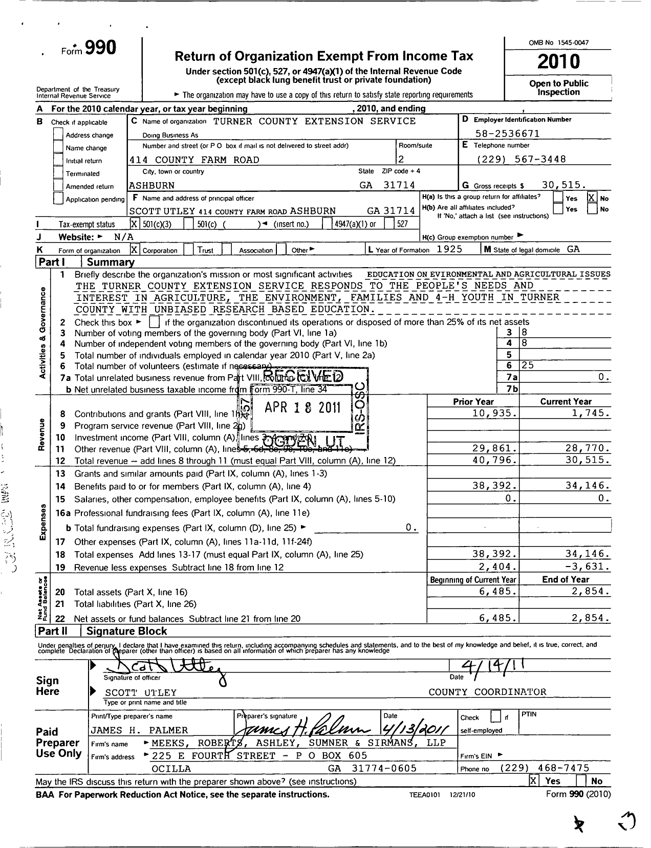 Image of first page of 2010 Form 990 for Georgia Extension 4-H Foundation / Turner County Extension 4-H