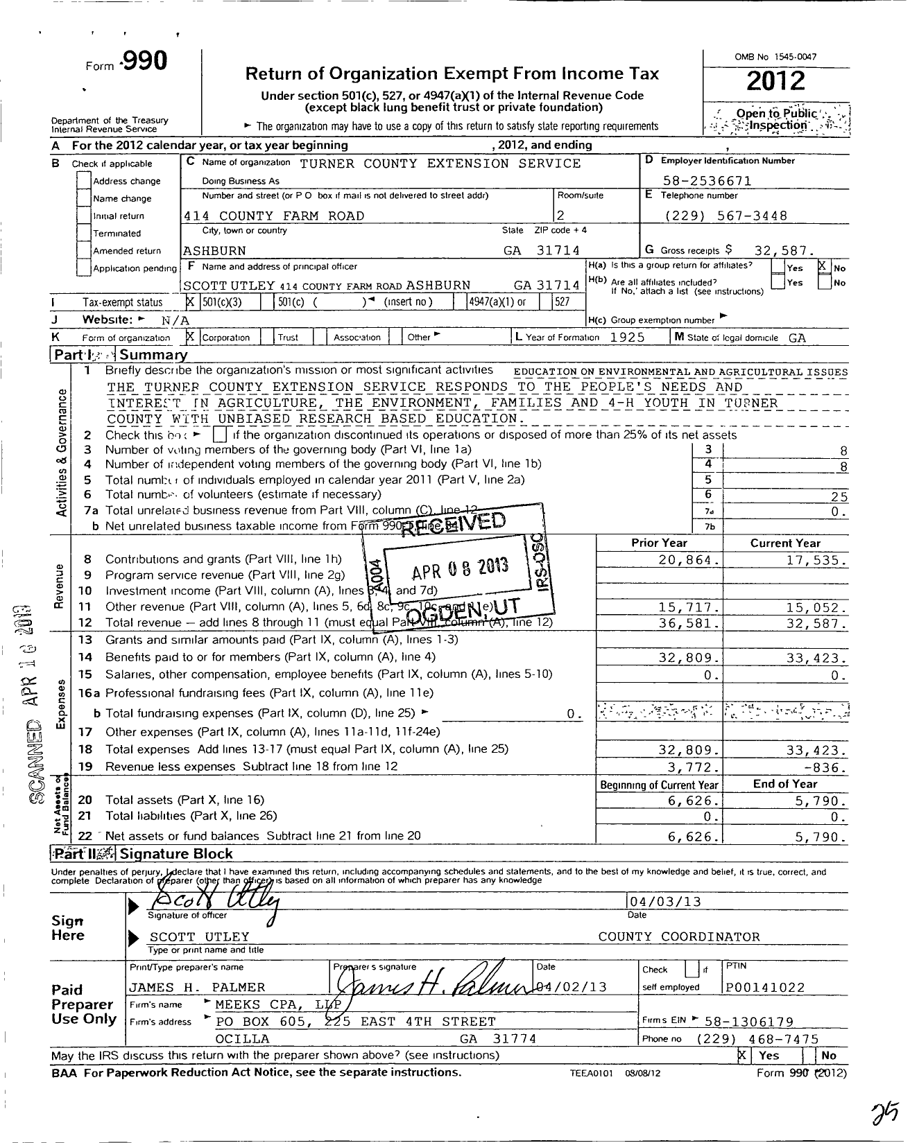 Image of first page of 2012 Form 990 for Georgia Extension 4-H Foundation / Turner County Extension 4-H