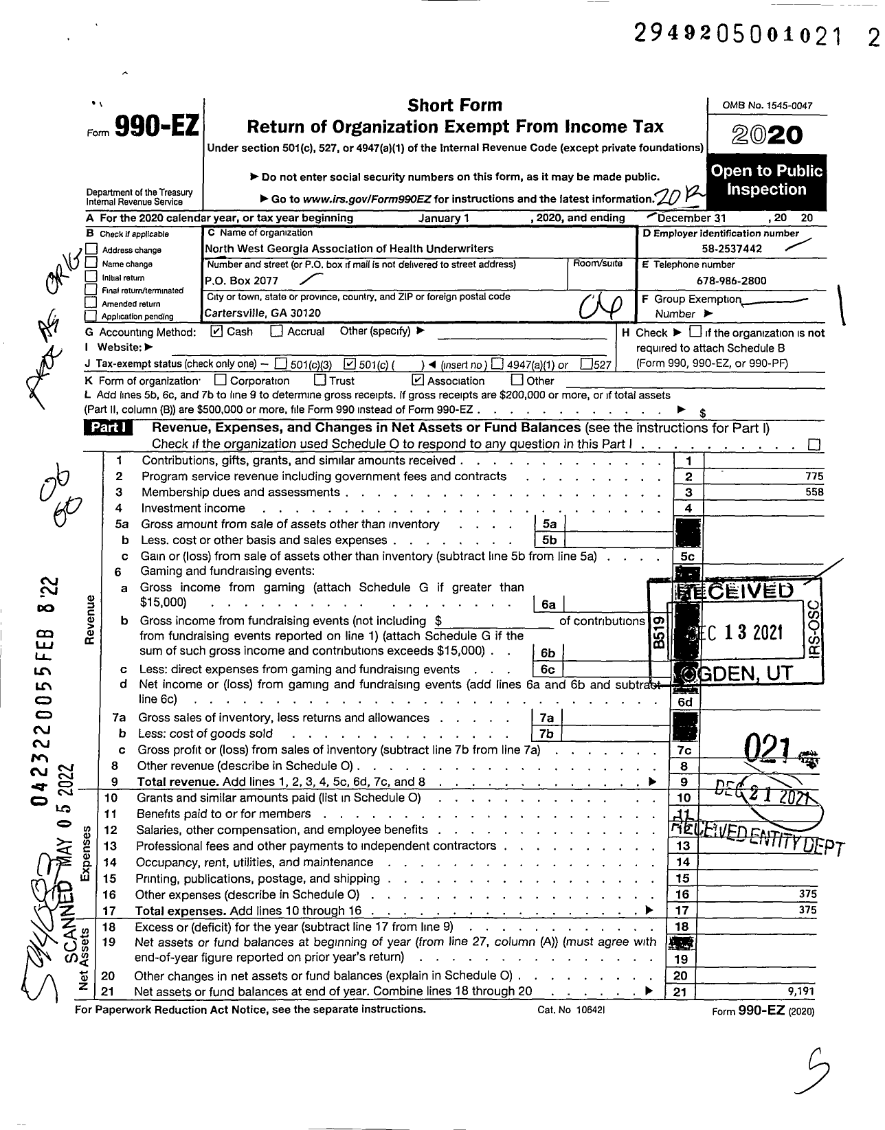 Image of first page of 2020 Form 990EO for Northwest Georgia Association of Health Underwriters