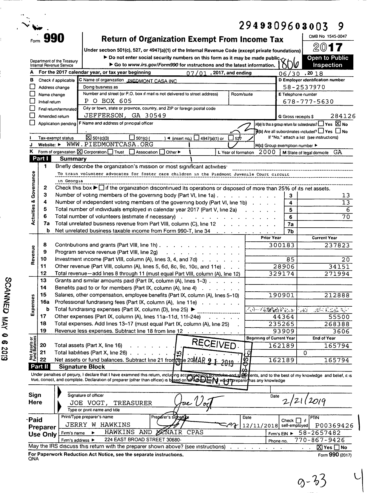 Image of first page of 2017 Form 990 for Piedmont Casa