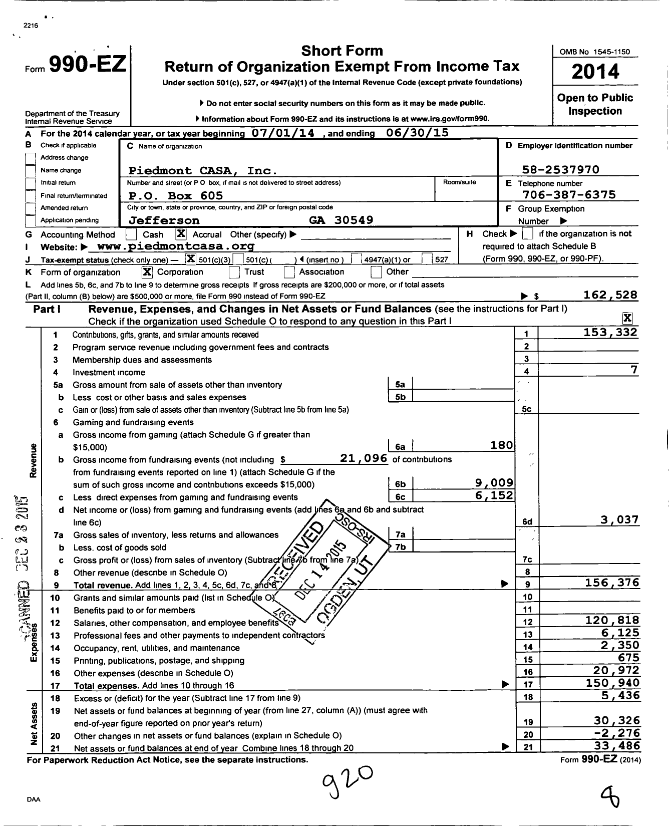 Image of first page of 2014 Form 990EZ for Piedmont Casa