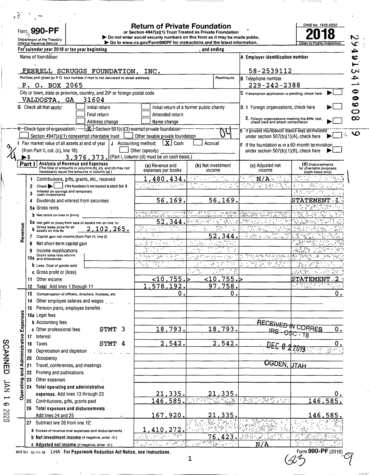 Image of first page of 2018 Form 990PF for Ferrell Scruggs Foundation