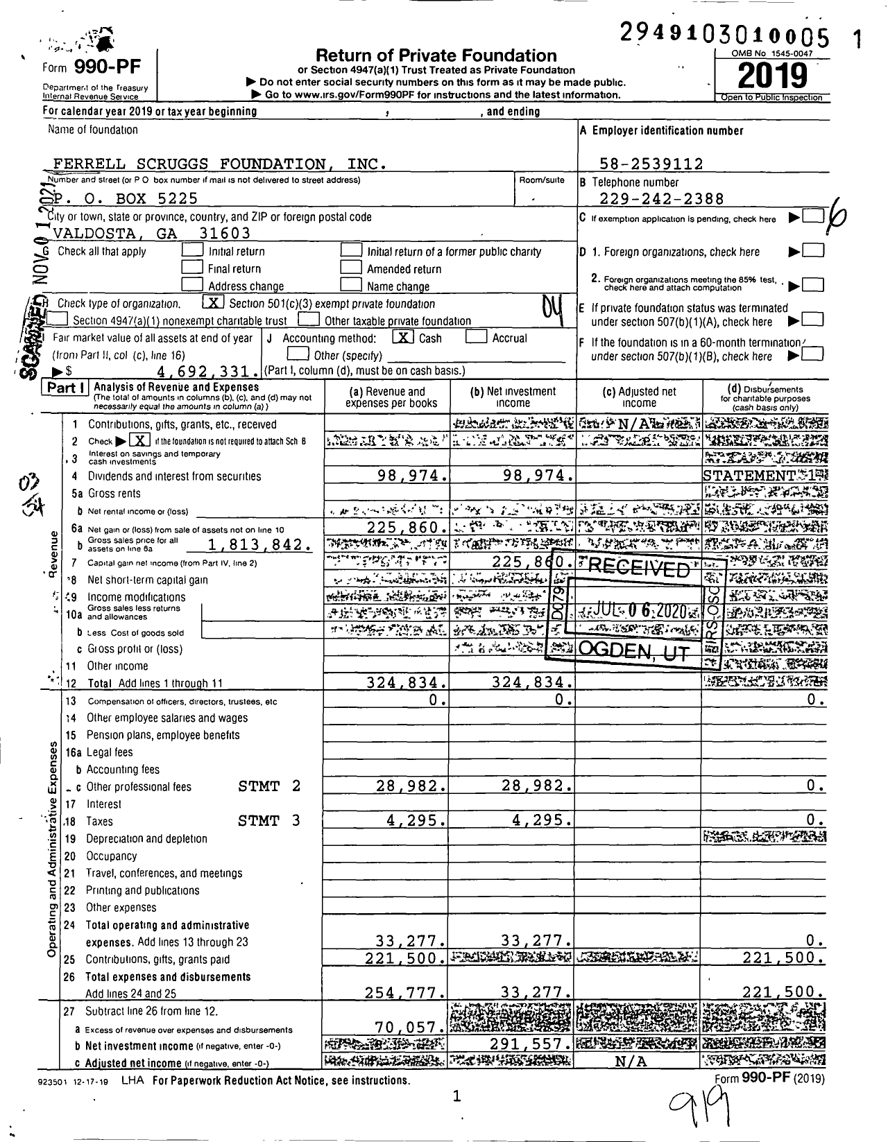 Image of first page of 2019 Form 990PF for Ferrell Scruggs Foundation