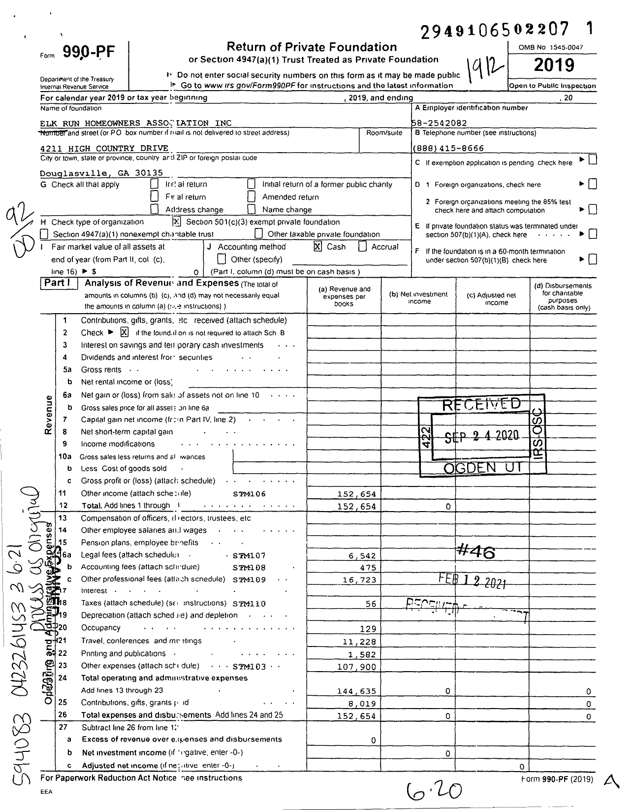 Image of first page of 2019 Form 990PF for Elk Run Homeowners Association