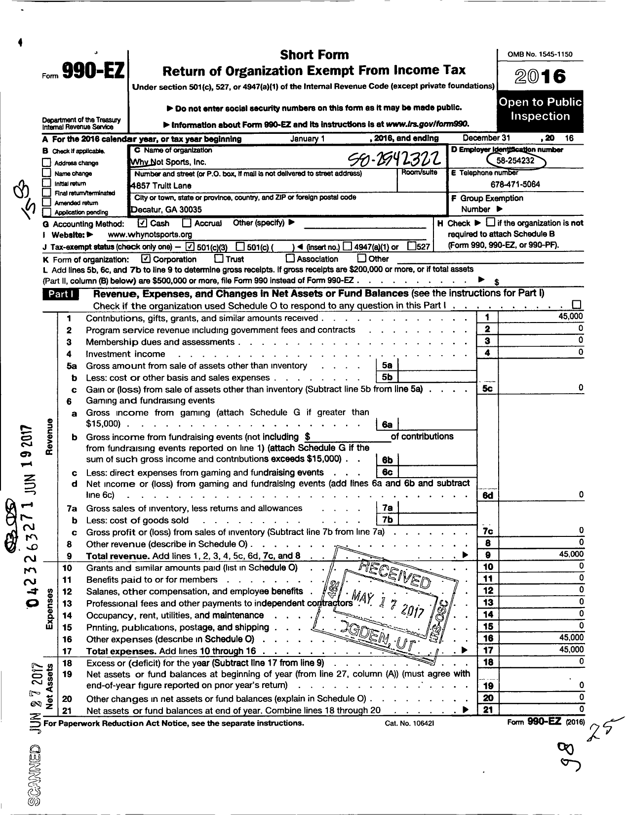 Image of first page of 2016 Form 990EZ for Why Not Sports