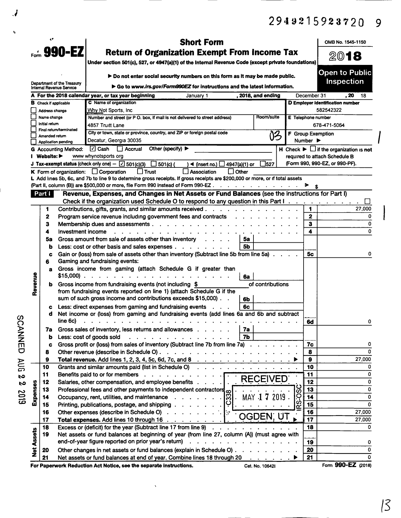 Image of first page of 2018 Form 990EZ for Why Not Sports