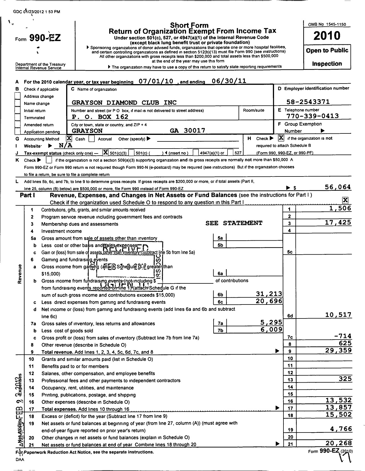 Image of first page of 2010 Form 990EZ for Grayson Diamond Club