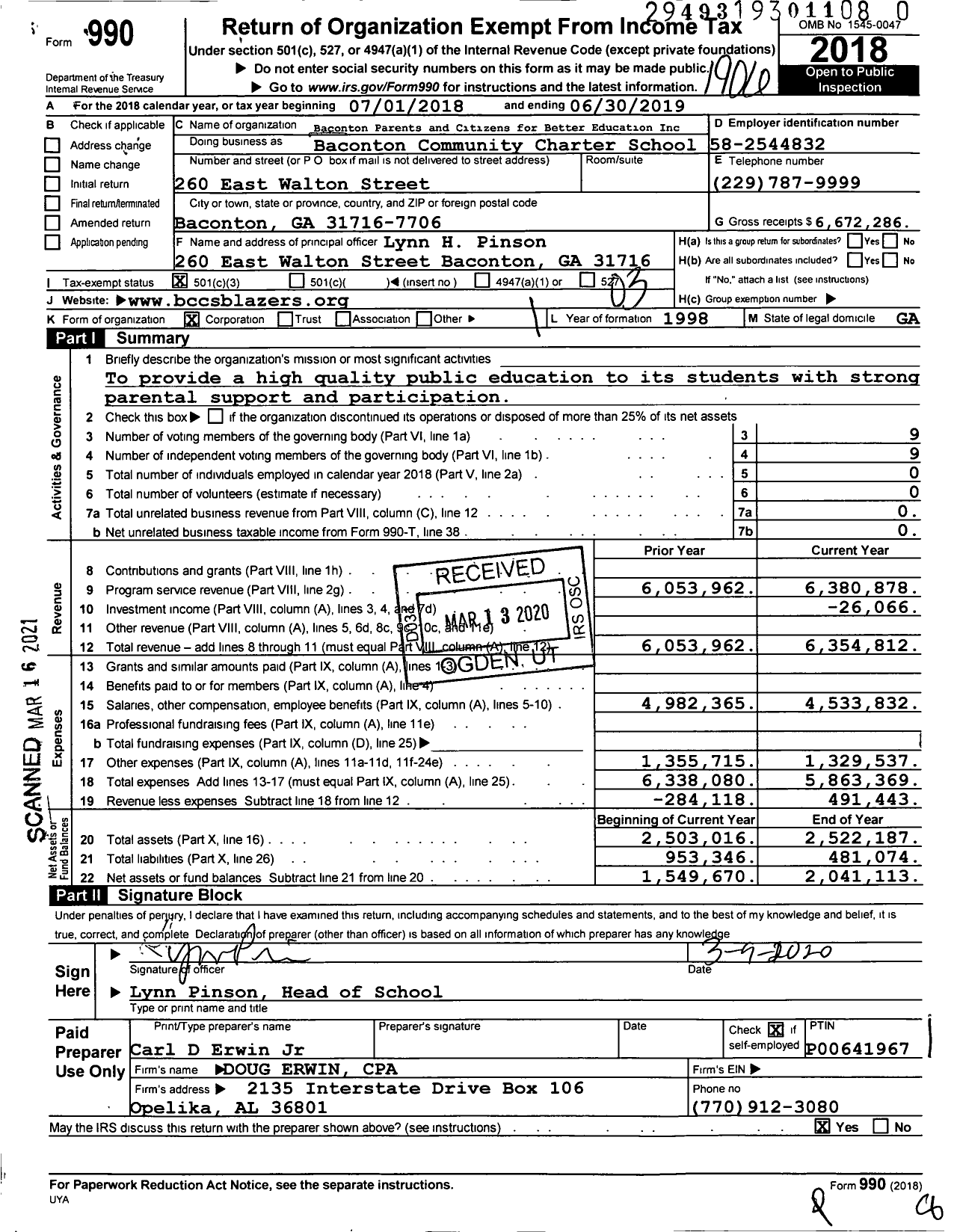 Image of first page of 2018 Form 990 for Baconton Parents and Citizens for Better Education Inc Baconton Community Charter School