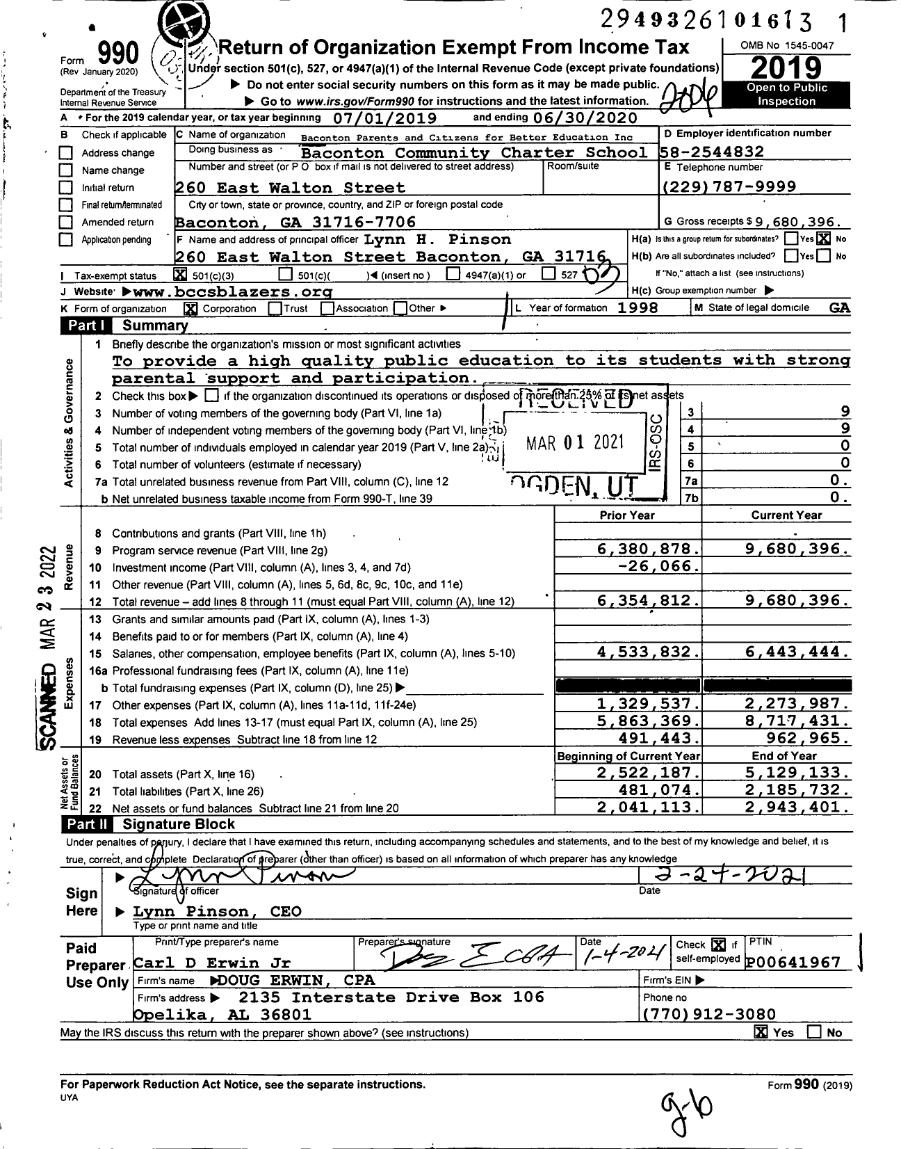 Image of first page of 2019 Form 990 for Baconton Parents and Citizens for Better Education Inc Baconton Community Charter School