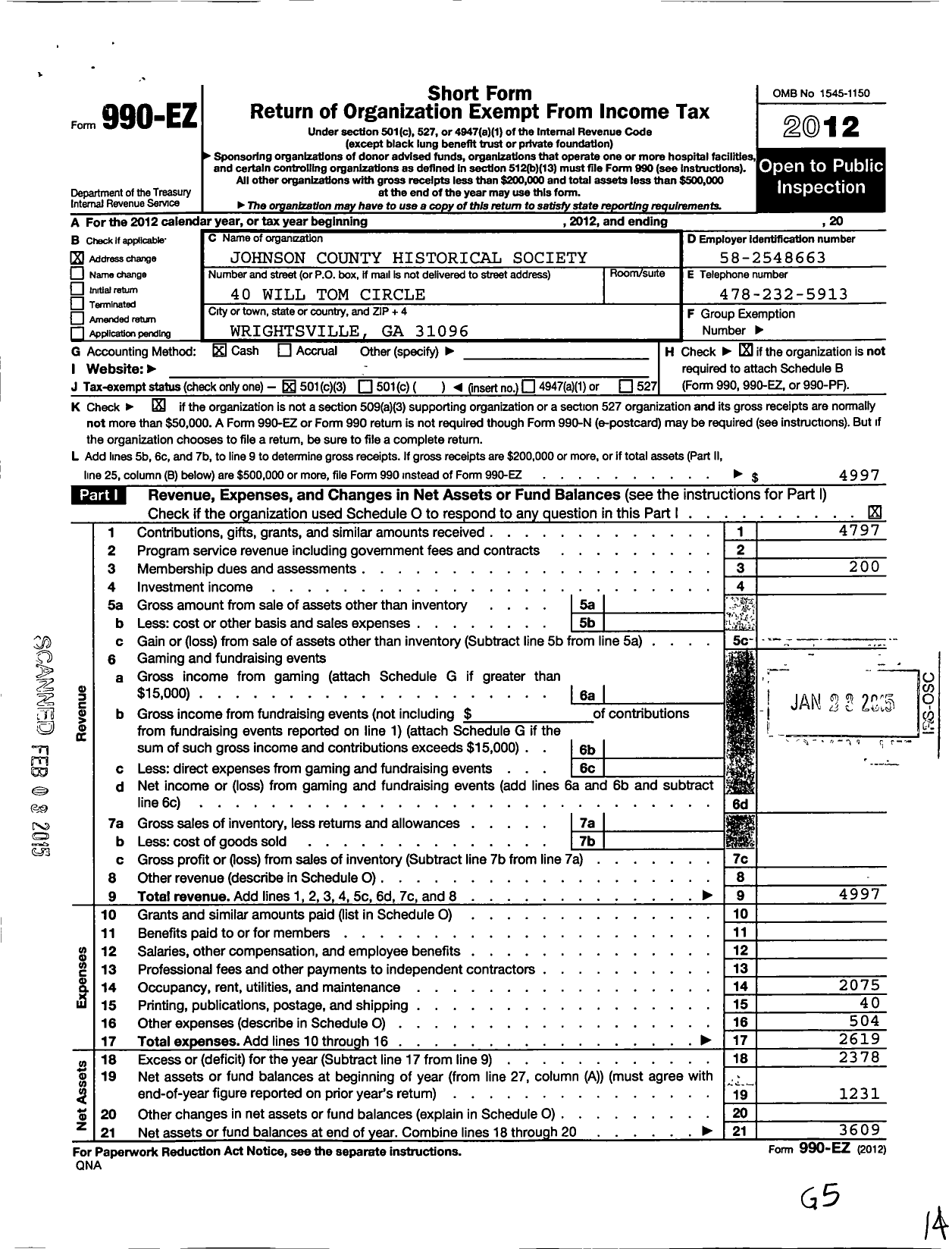 Image of first page of 2012 Form 990EZ for Johnson County Historical Society