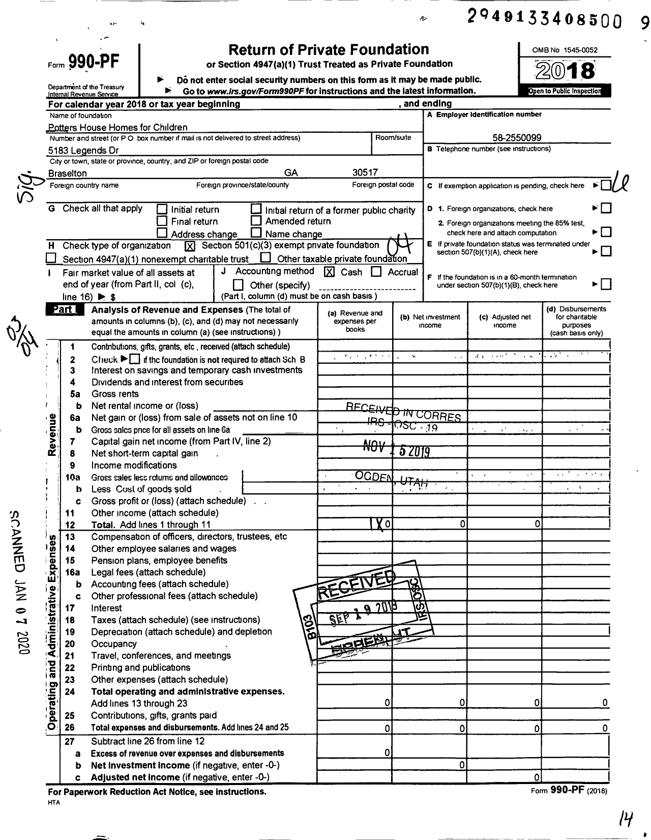 Image of first page of 2018 Form 990PF for Potters House Homes for Children
