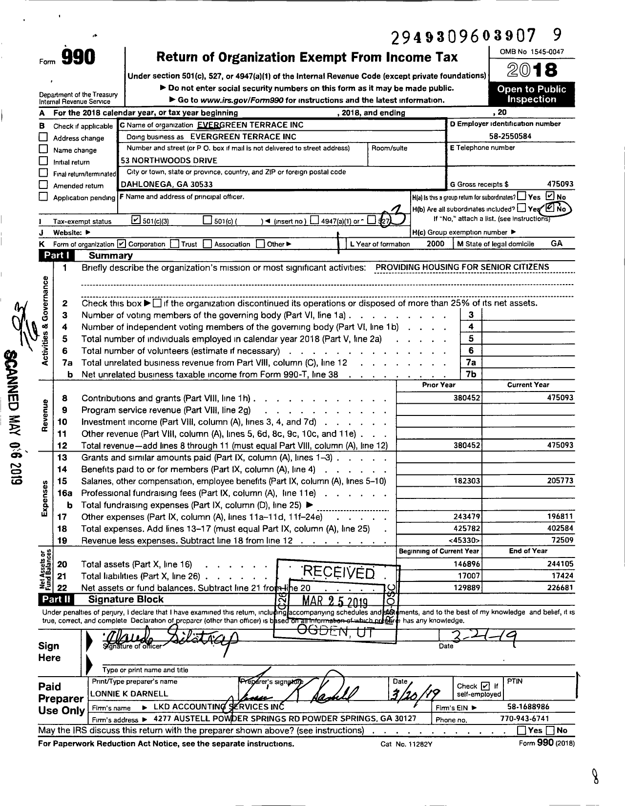 Image of first page of 2018 Form 990 for Evergreen Terrace