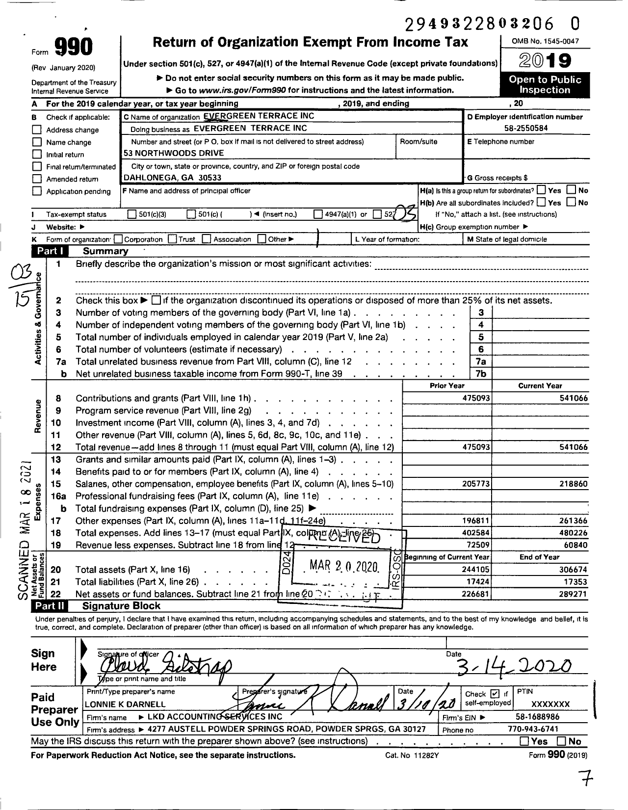 Image of first page of 2019 Form 990 for Evergreen Terrace