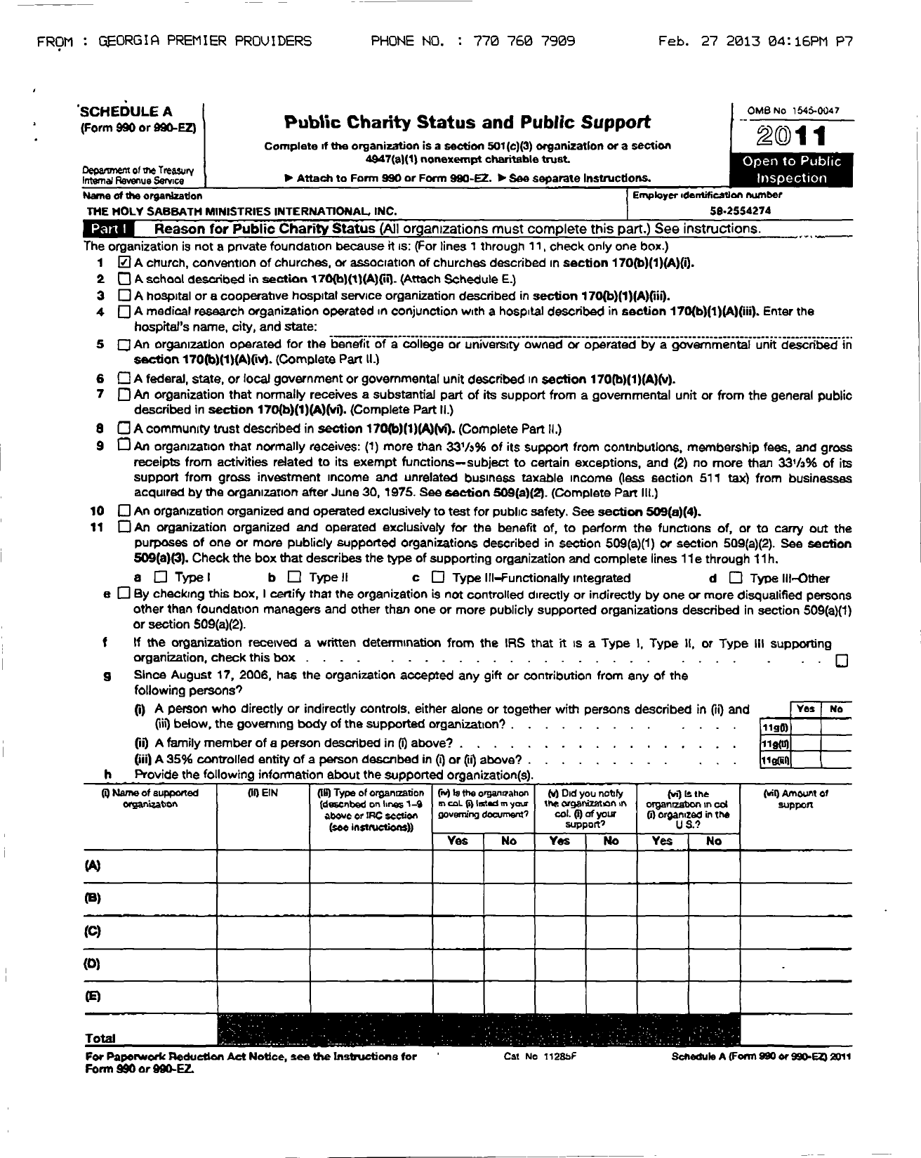 Image of first page of 2011 Form 990ER for The Holy Sabbath Ministries International