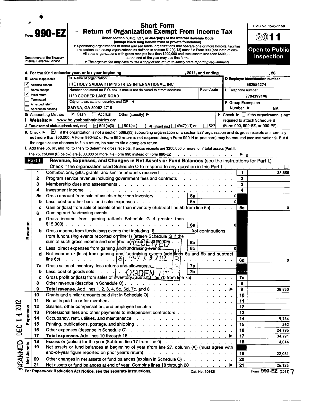 Image of first page of 2011 Form 990EZ for The Holy Sabbath Ministries International