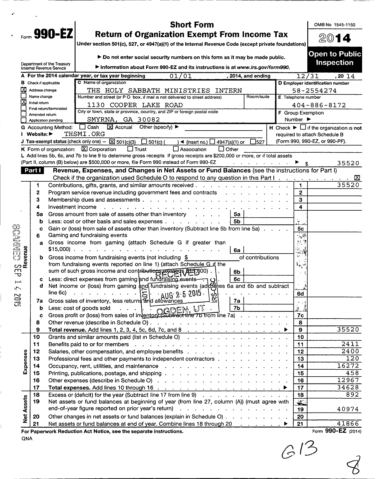 Image of first page of 2014 Form 990EZ for The Holy Sabbath Ministries International