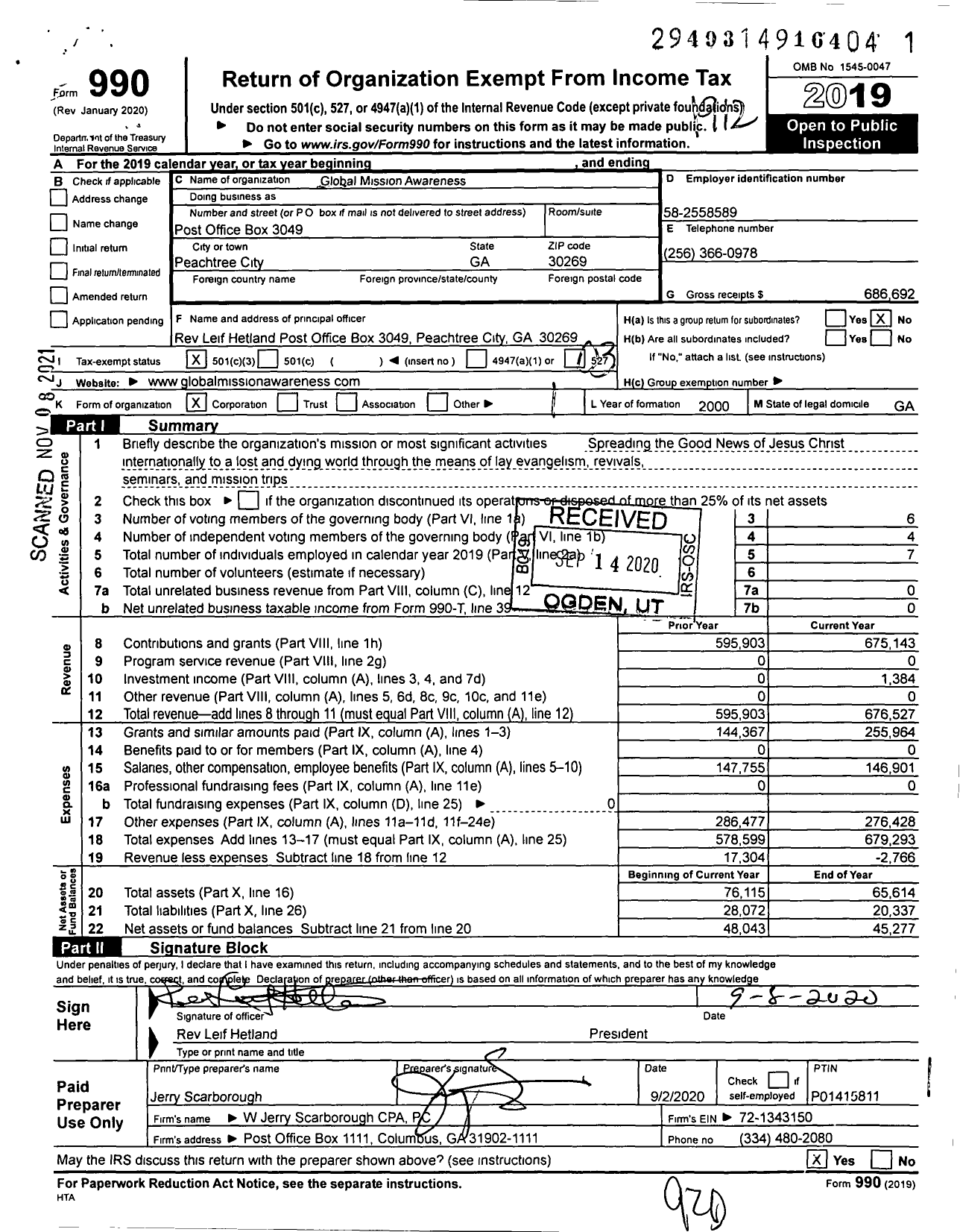 Image of first page of 2019 Form 990 for Global Mission Awareness