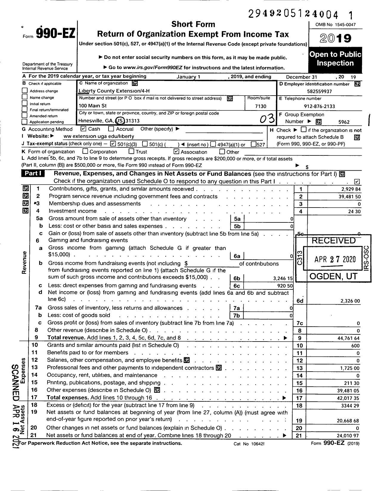 Image of first page of 2019 Form 990EZ for Georgia Extension 4-H Foundation / Liberty County Extension 4-H