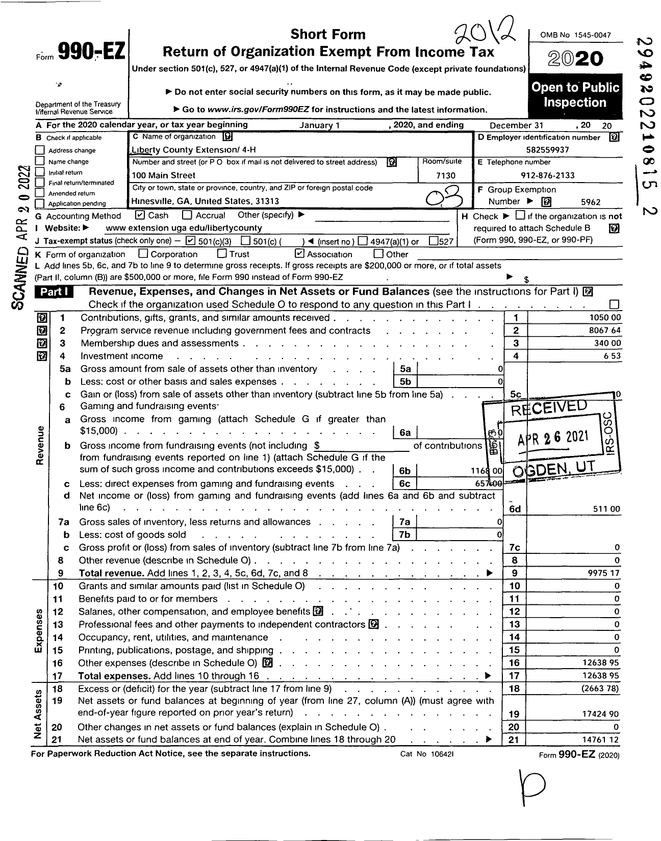 Image of first page of 2020 Form 990EZ for Georgia Extension 4-H Foundation / Liberty County Extension 4-H