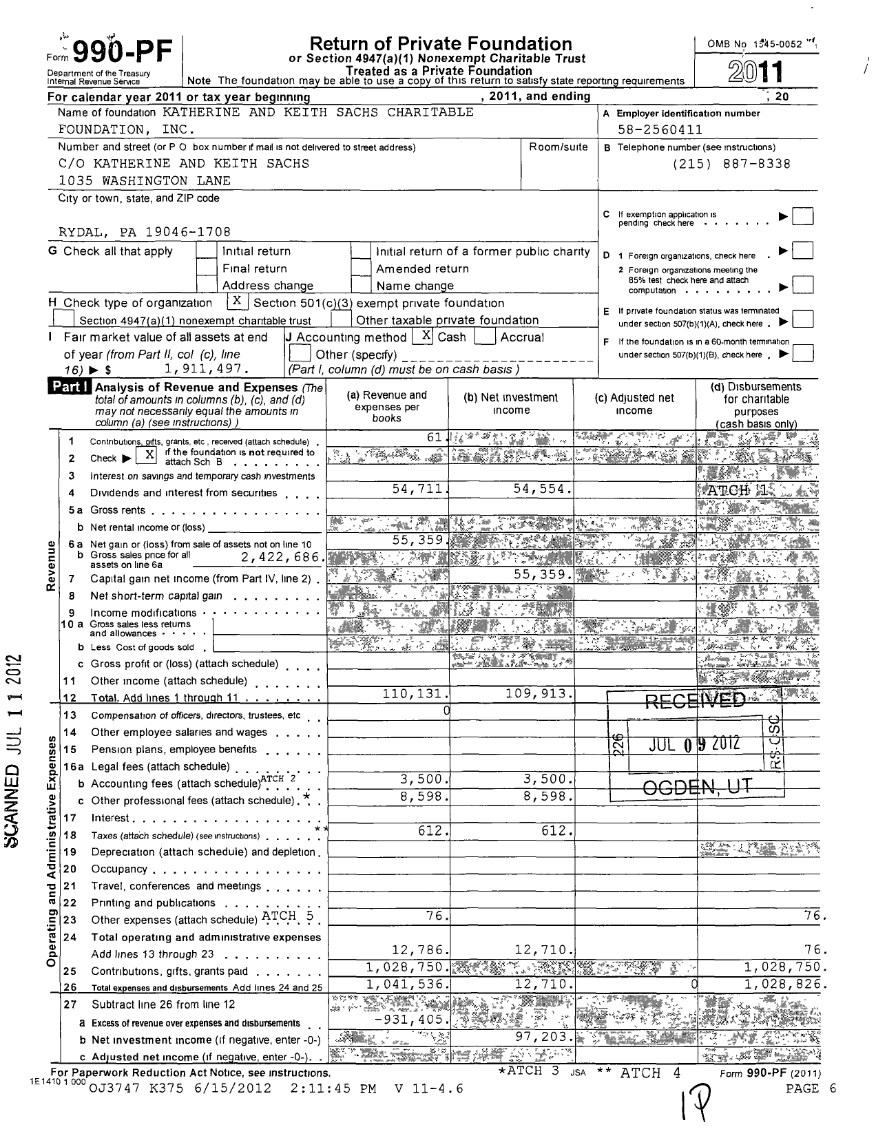 Image of first page of 2011 Form 990PF for Katherine and Keith Sachs Charitable Foundation